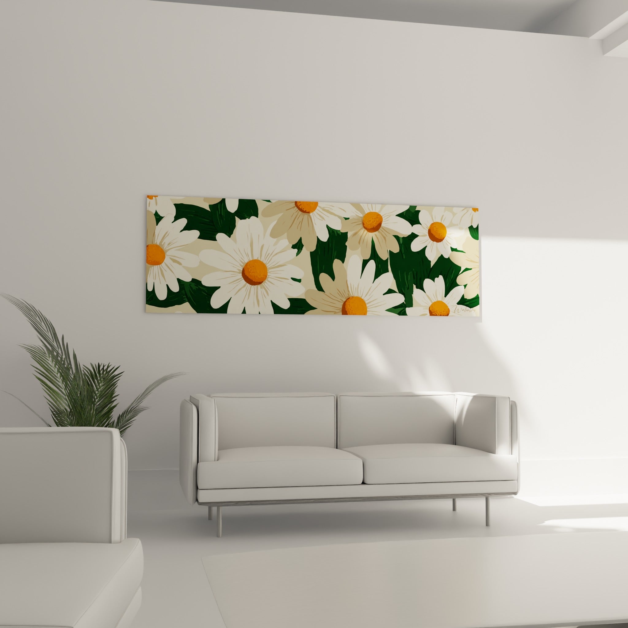 Pétales blanc crème et cœurs orangés de marguerites au-dessus d'un canapé dans un salon lumineux