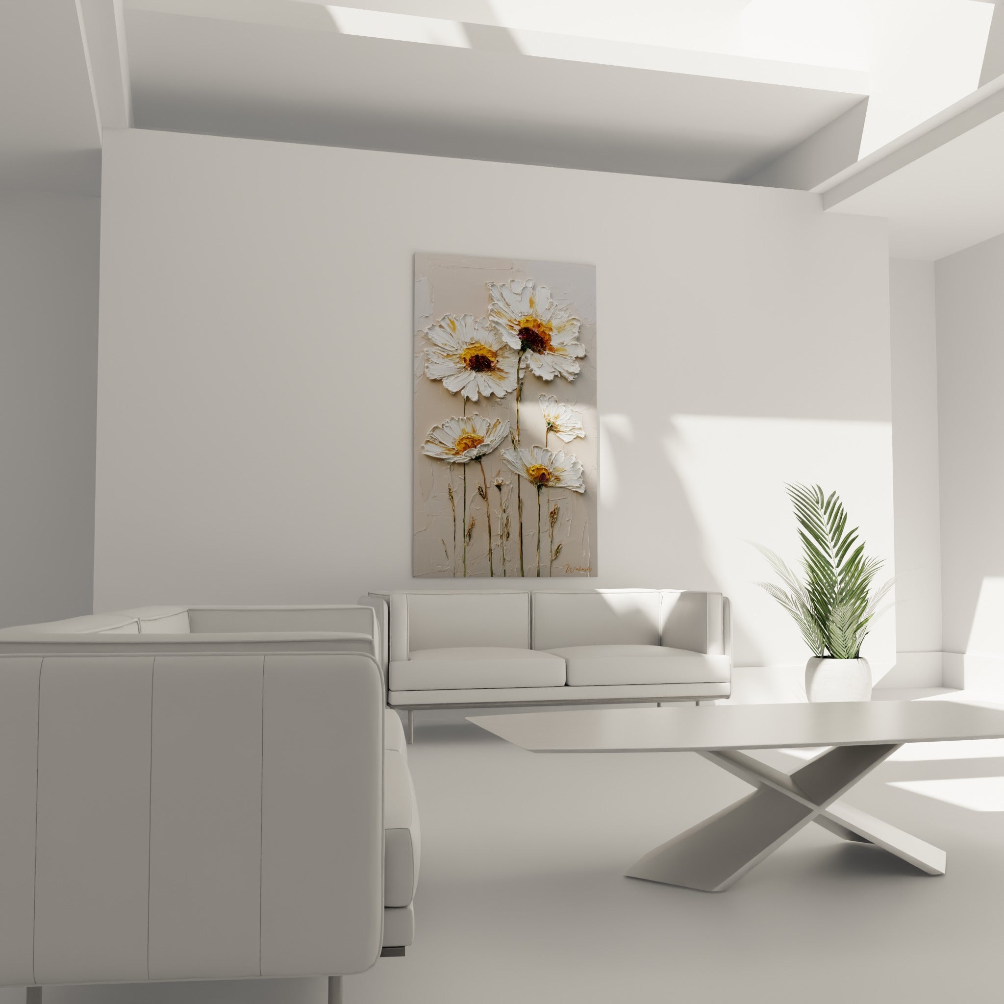 Fleurs blanches aux tiges dorées et vertes, empâtements texturés, au-dessus d'un canapé dans un salon lumineux