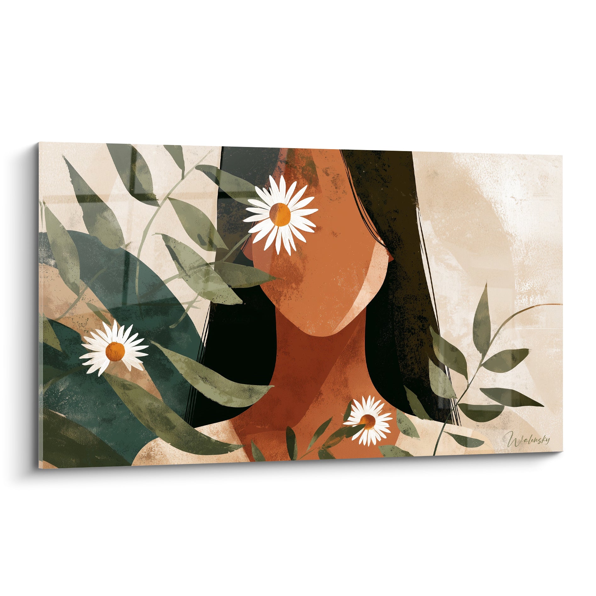 Marguerite en silhouette terracotta et noir, entourée de feuillage vert sauge et marguerites blanches