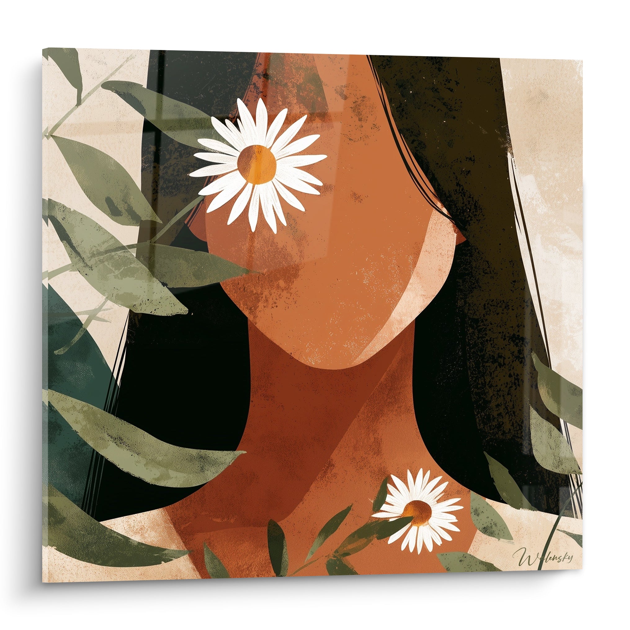 Silhouette terracotta et marguerites blanches encadrées de feuillage vert sauge sur fond anthracite