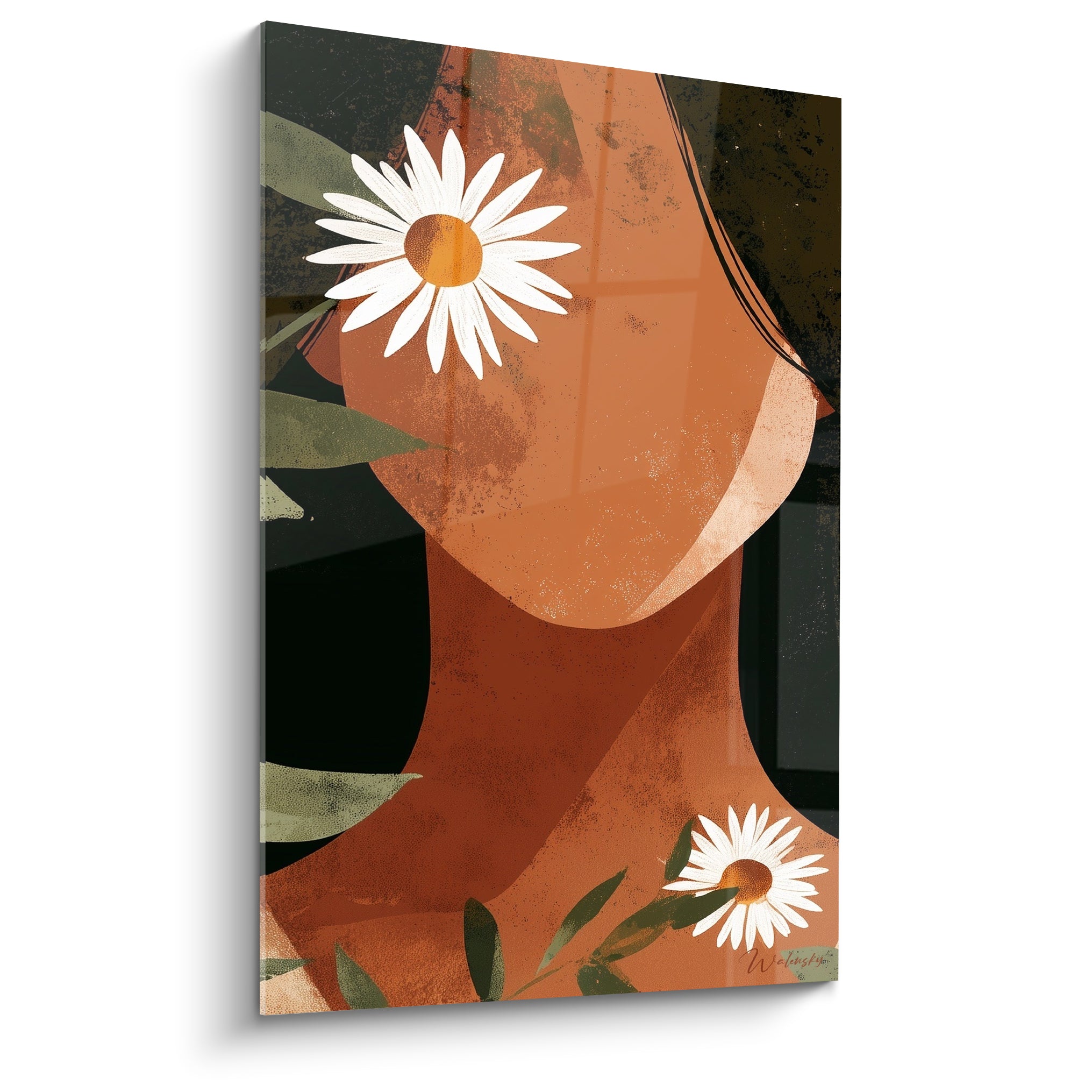 Silhouette terracotta ornée de marguerites blanches sur fond noir profond, illustration graphique raffinée