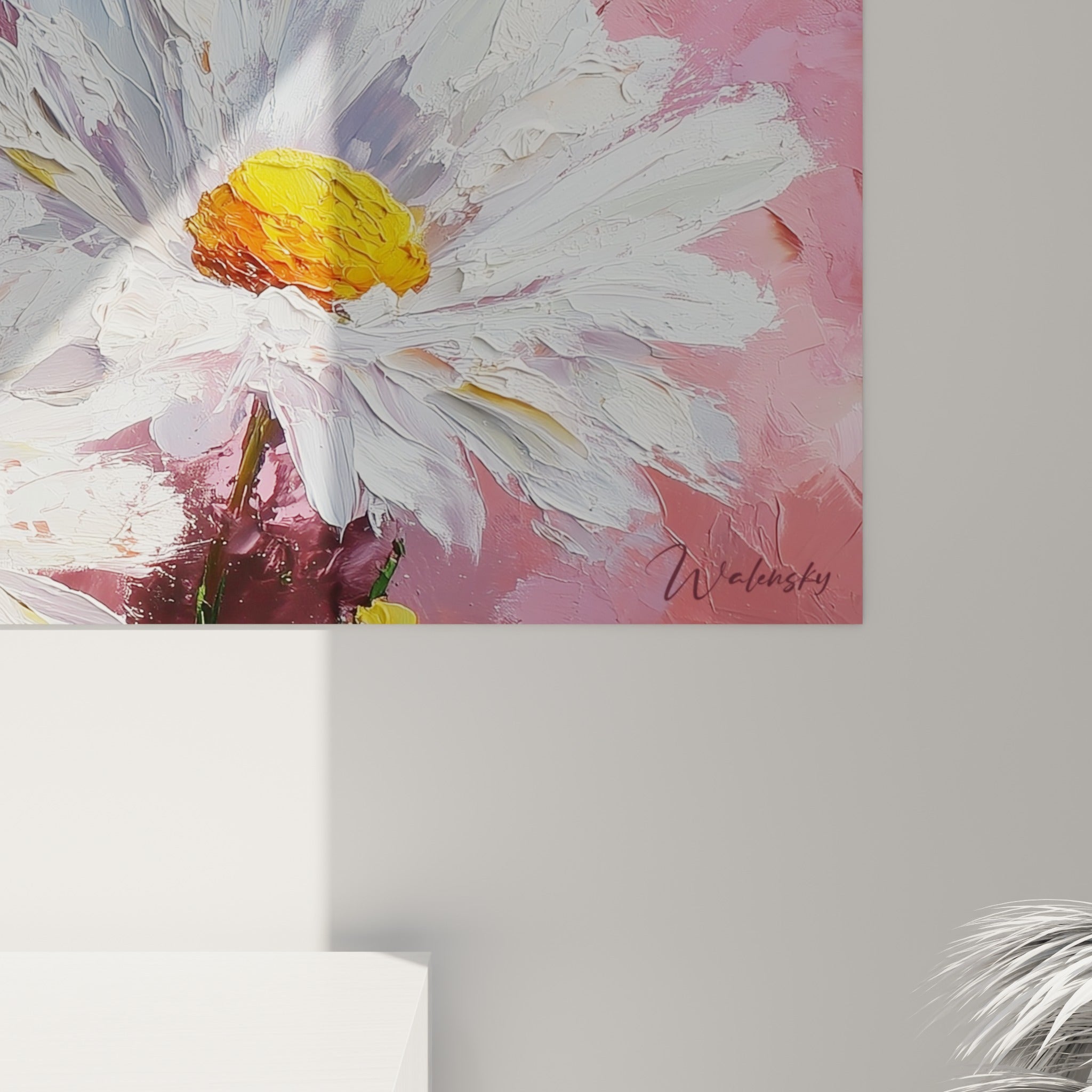 Empâtements blancs et jaunes visibles sur la toile, coulures roses et orangées en gros plan