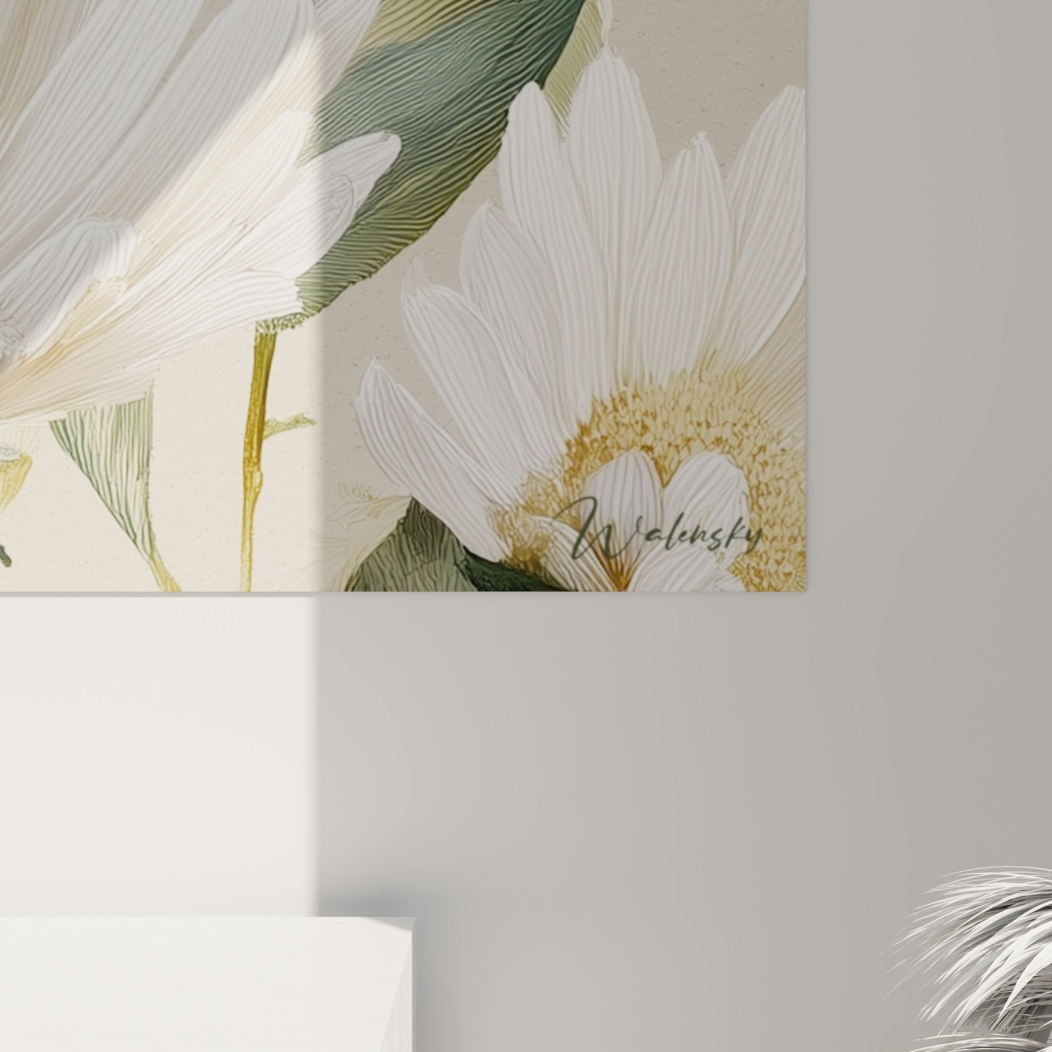Trame fine des pétales blancs et grain doré du cœur des marguerites visibles en gros plan sur la toile
