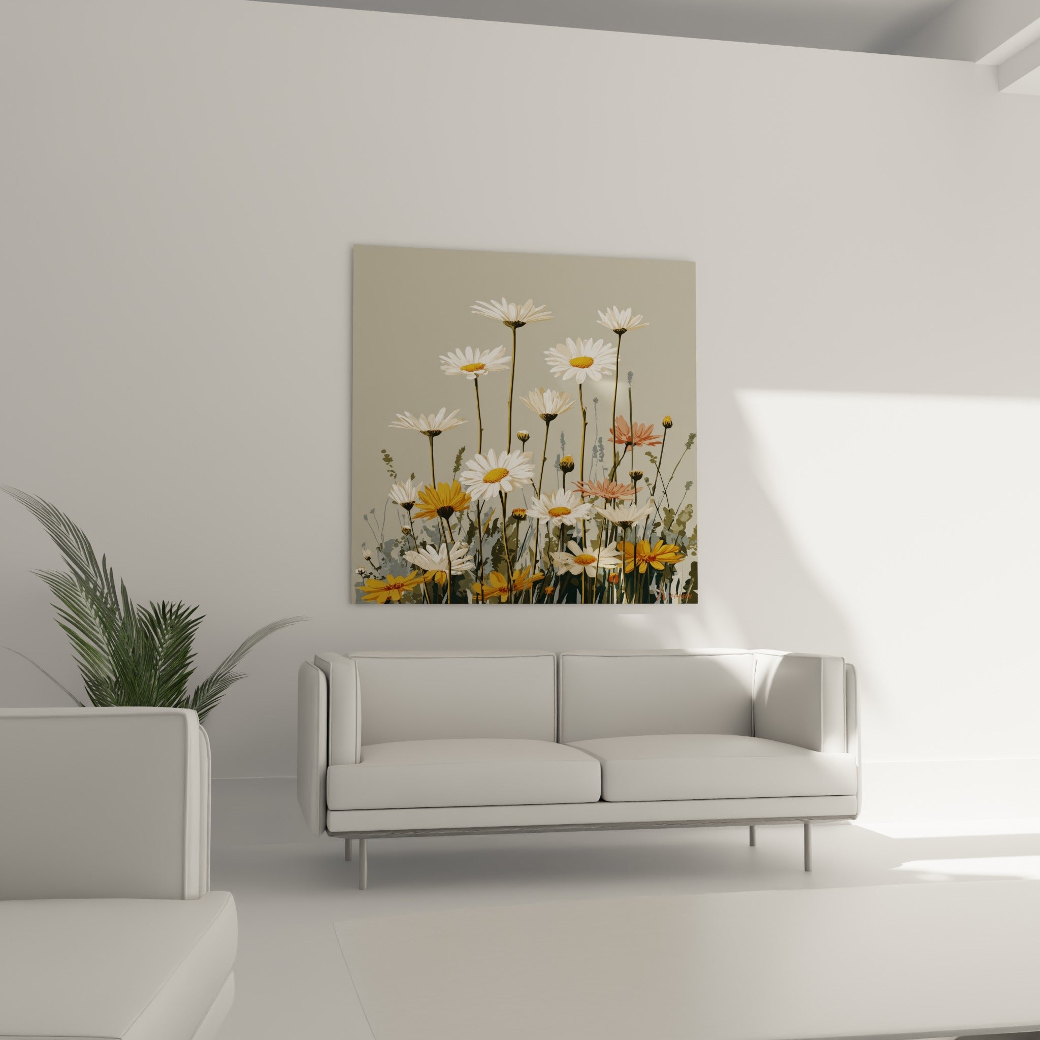 Fleurs de marguerite ocre et blanches disposées au-dessus d'un canapé dans un salon lumineux