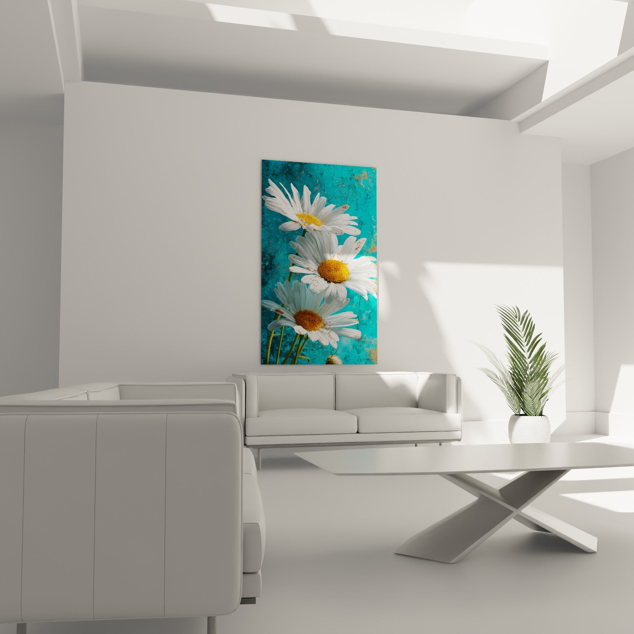 Pétales blancs et fond turquoise patiné accrochés au-dessus d'un canapé dans un salon lumineux