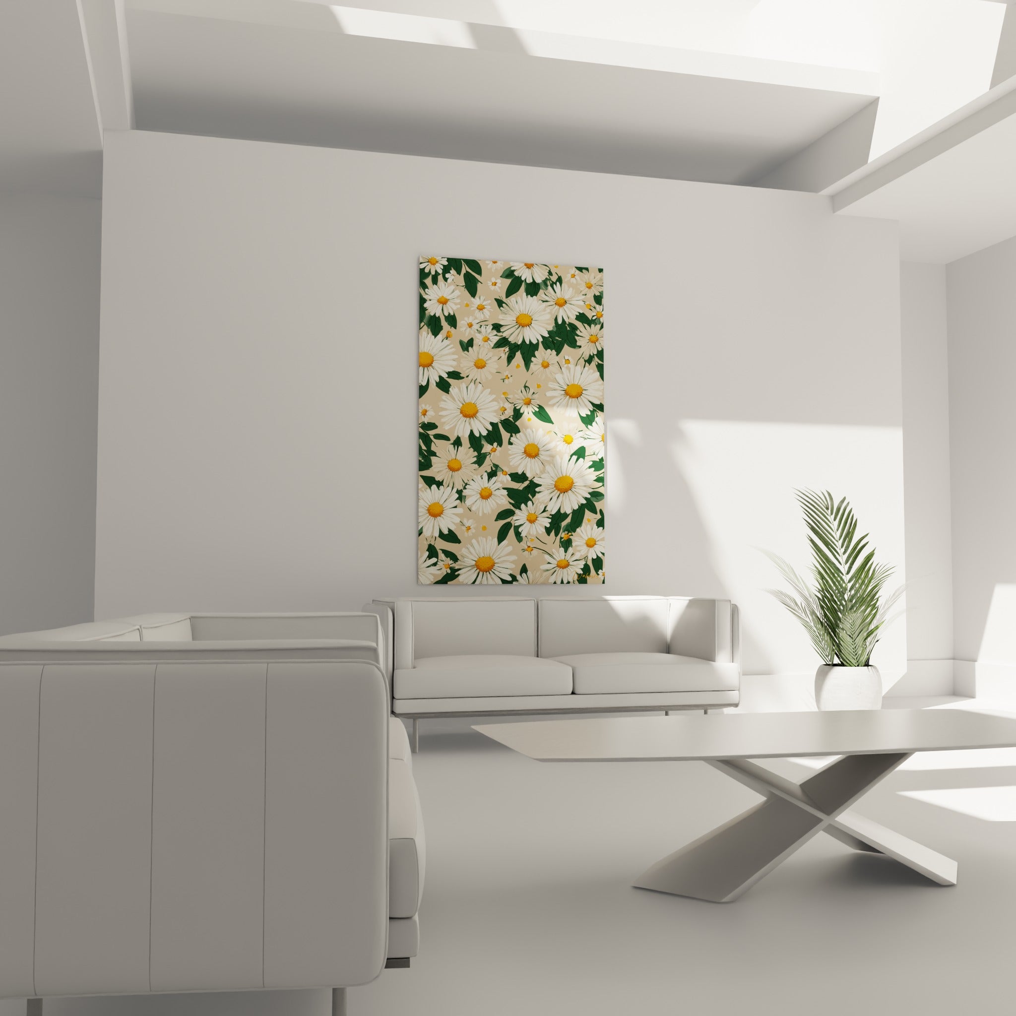 Marguerite blanche et vert profond en motif botanique dense, au-dessus d'un canapé dans un salon lumineux