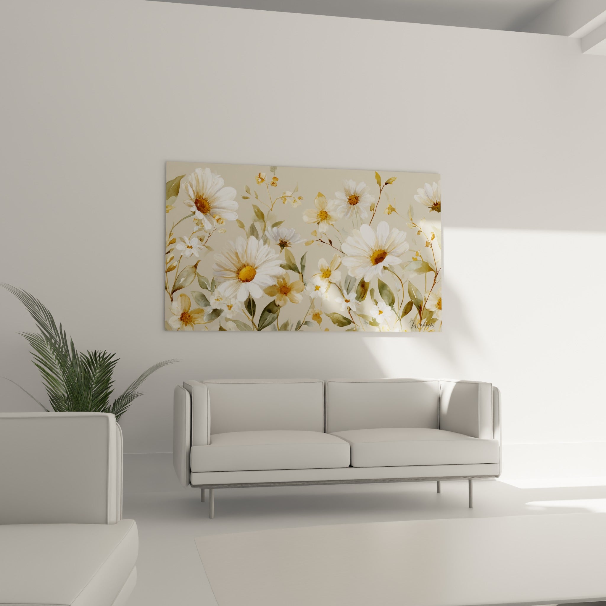 Fleurs blanches aux cœurs jaune doré et feuillages vert sauge au-dessus d'un canapé dans un salon lumineux
