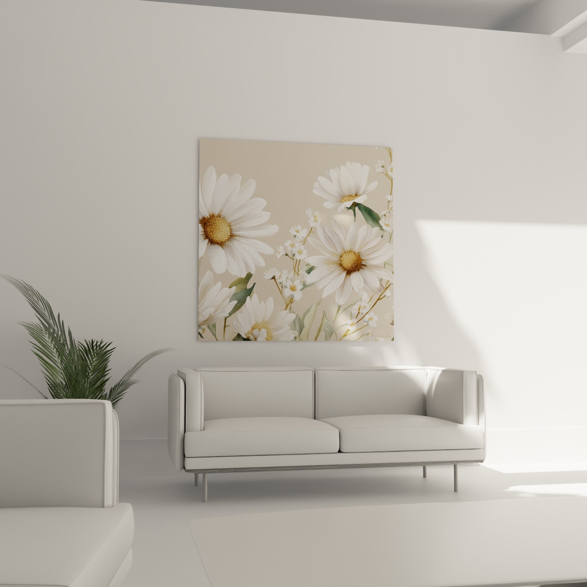 Fleurs de marguerite blanches et vert sauge au-dessus d'un canapé dans un salon lumineux