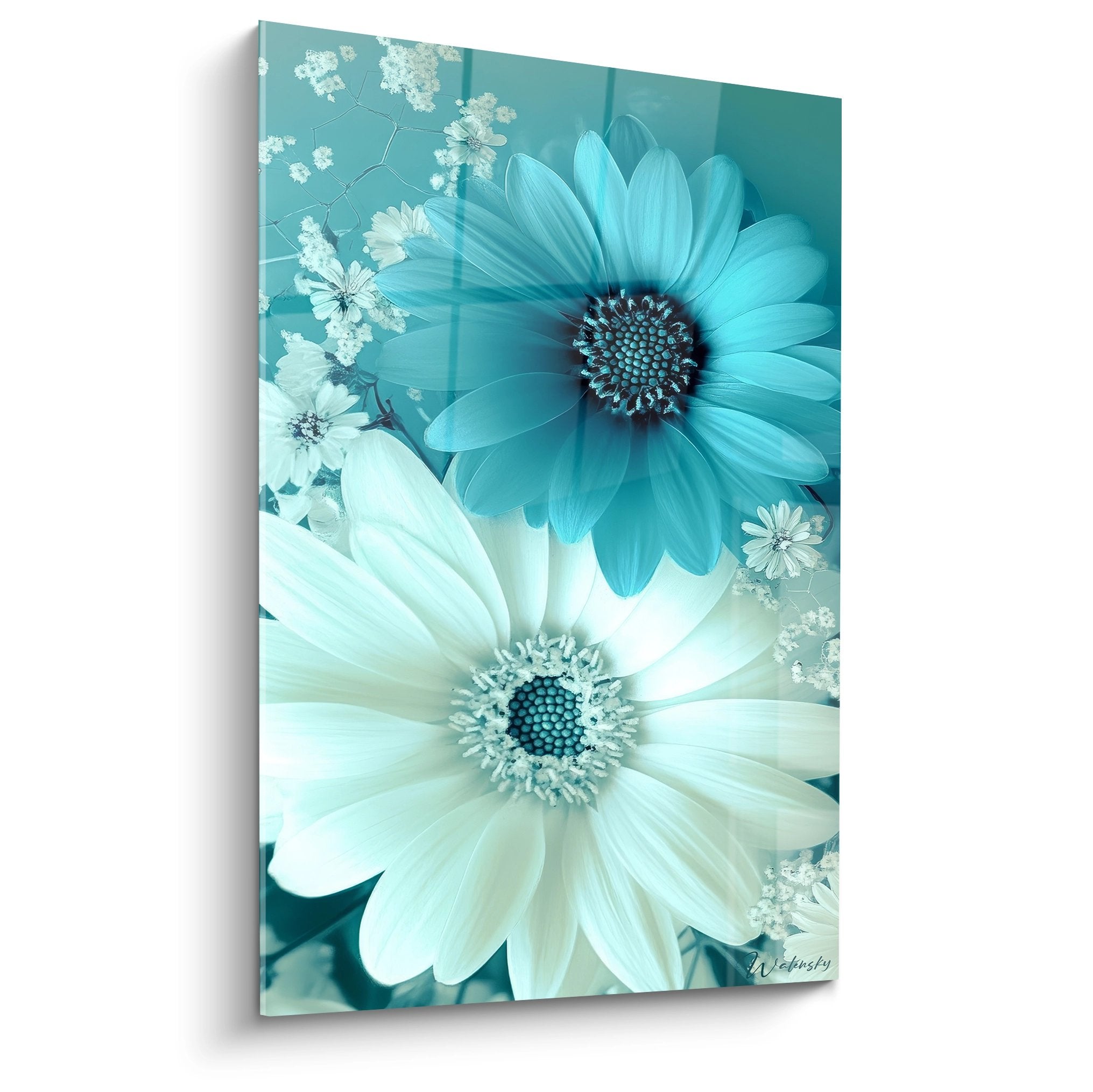 Tableau mural marguerites turquoise et blanches style contemporain décoration florale moderne