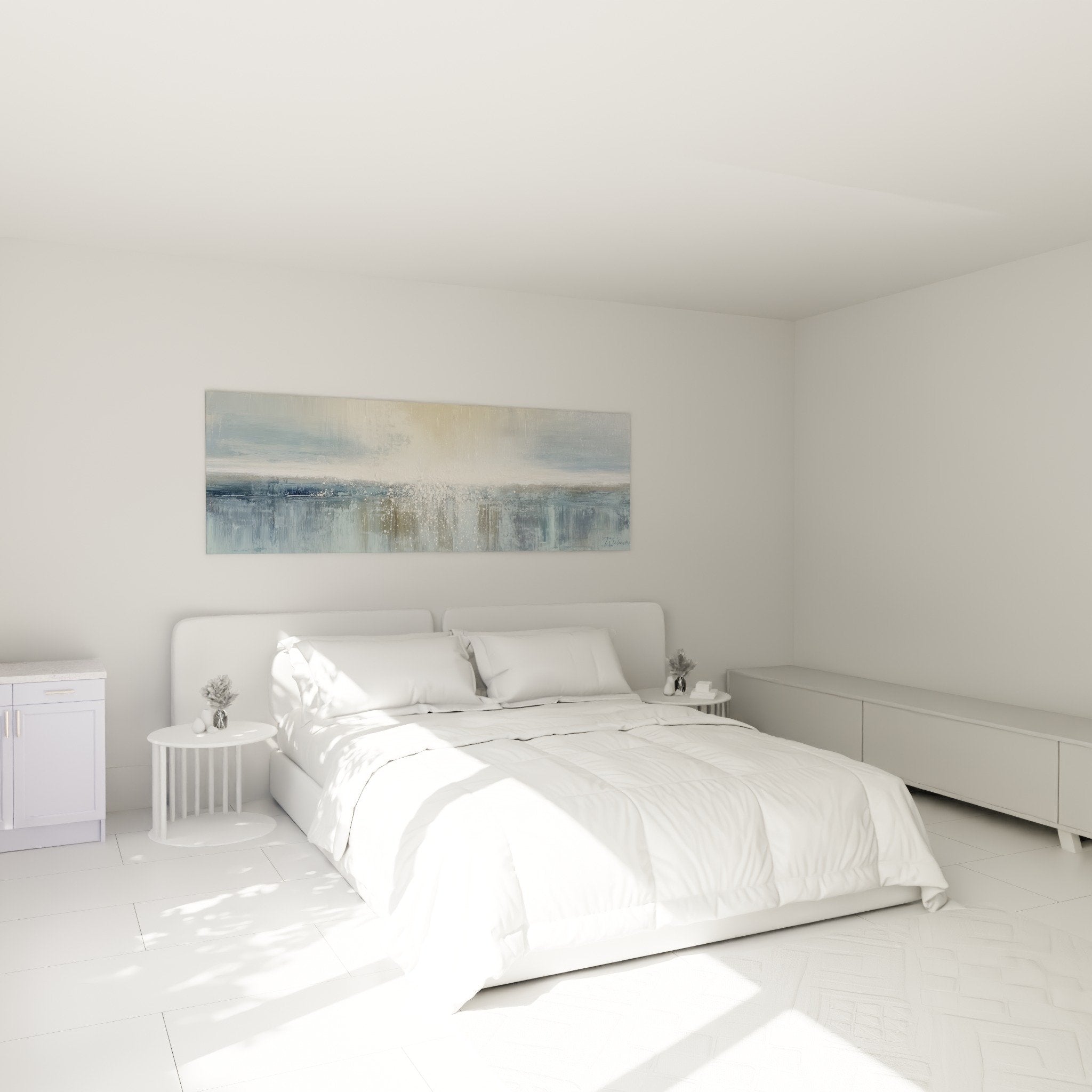 Tableau abstrait bleu crème dans chambre moderne ambiance apaisante feng shui ouest métal décoration murale