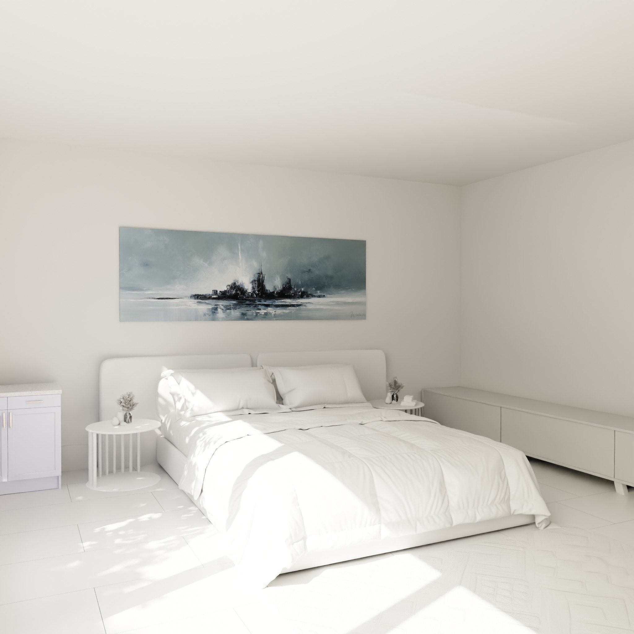 Tableau marin monochrome gris blanc dans chambre moderne ambiance apaisante feng shui