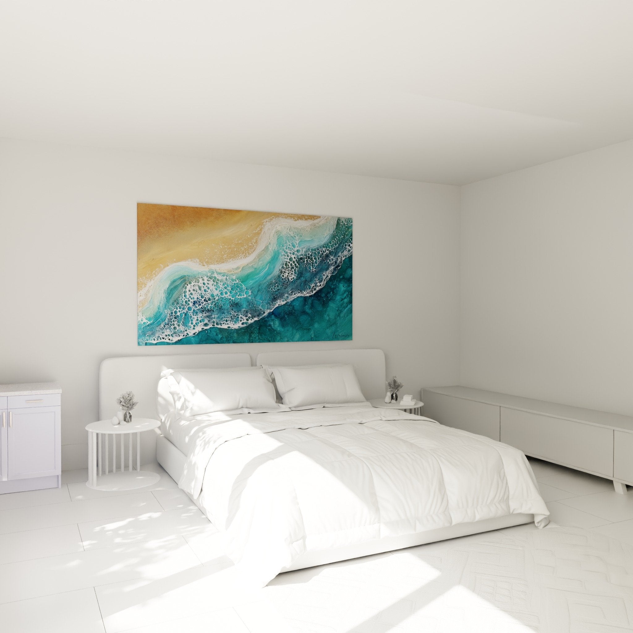 Turquoise waves maritime wall art in bedroom feng shui north water decoration zen ambiance