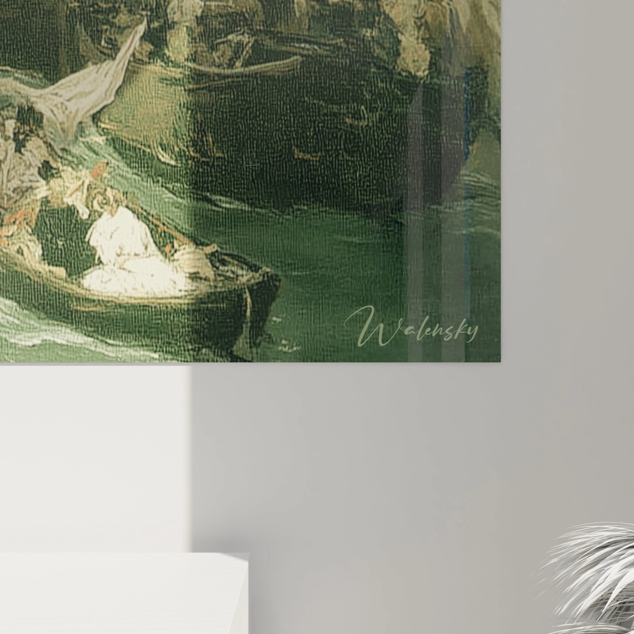 Tableau mural Walensky tableau maritime réalisme sur toile verte montrant une barque et des personnages en gros plan