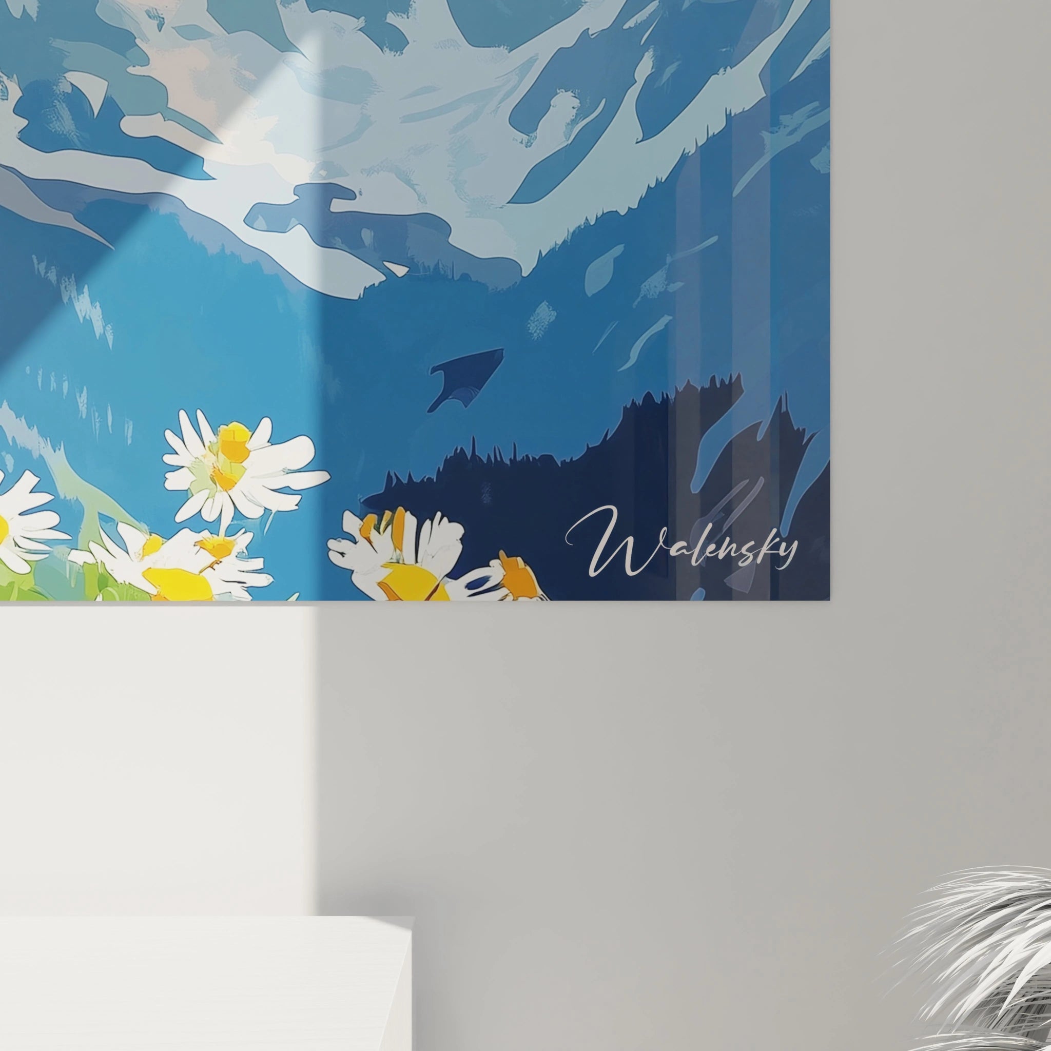 Un tableau marmotte montrant l'animal en position d'observation, fourrure brun-orangé détaillée, entouré de marguerites blanches sur fond de montagnes bleutées et enneigées. Composition verticale aux contrastes chromatiques prononcés et textures variées.