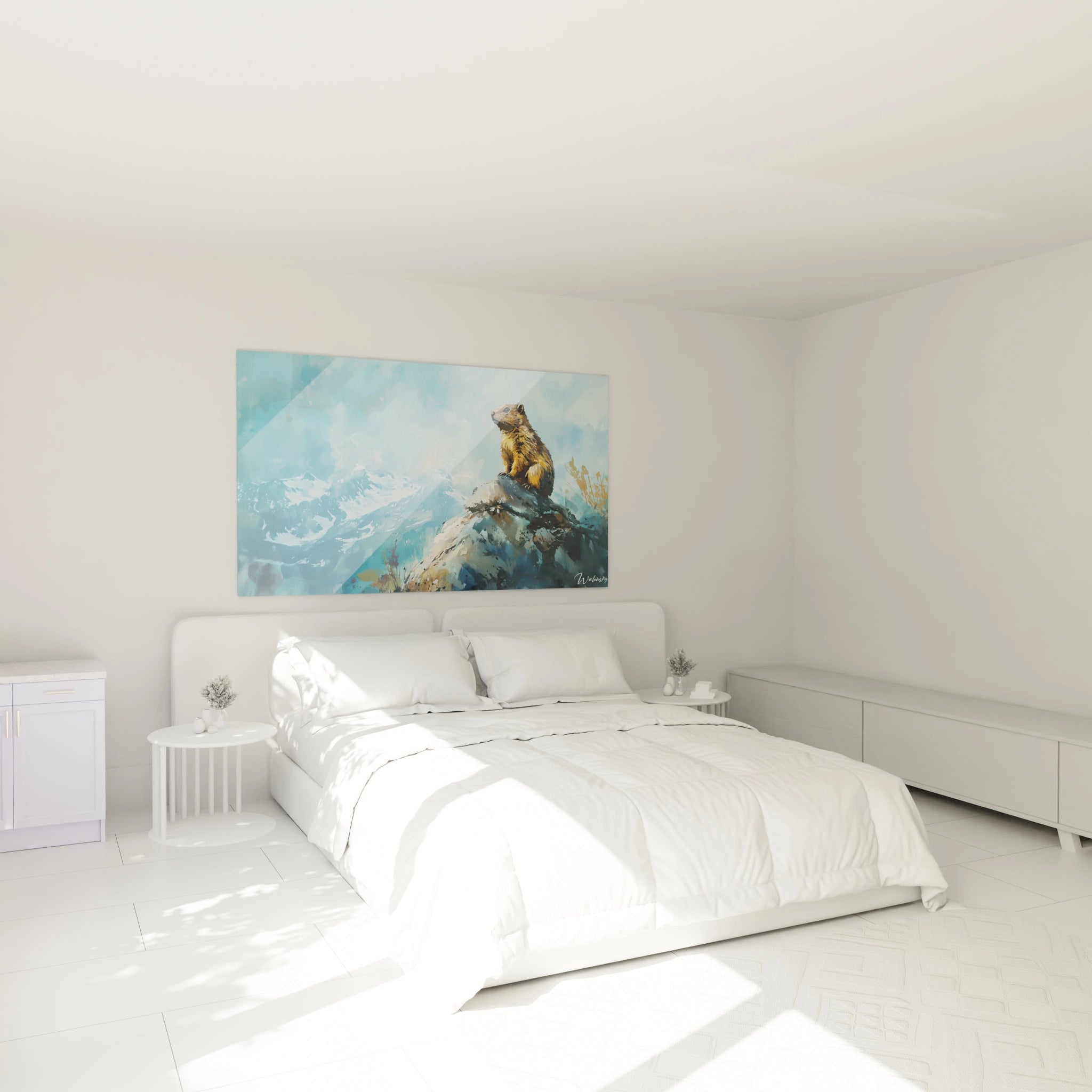 Un tableau marmotte représentant une sentinelle des Alpes au pelage brun-doré, scrutant l'horizon depuis un promontoire rocheux, avec des montagnes bleutées en arrière-plan et des textures picturales créant une atmosphère alpine lumineuse.