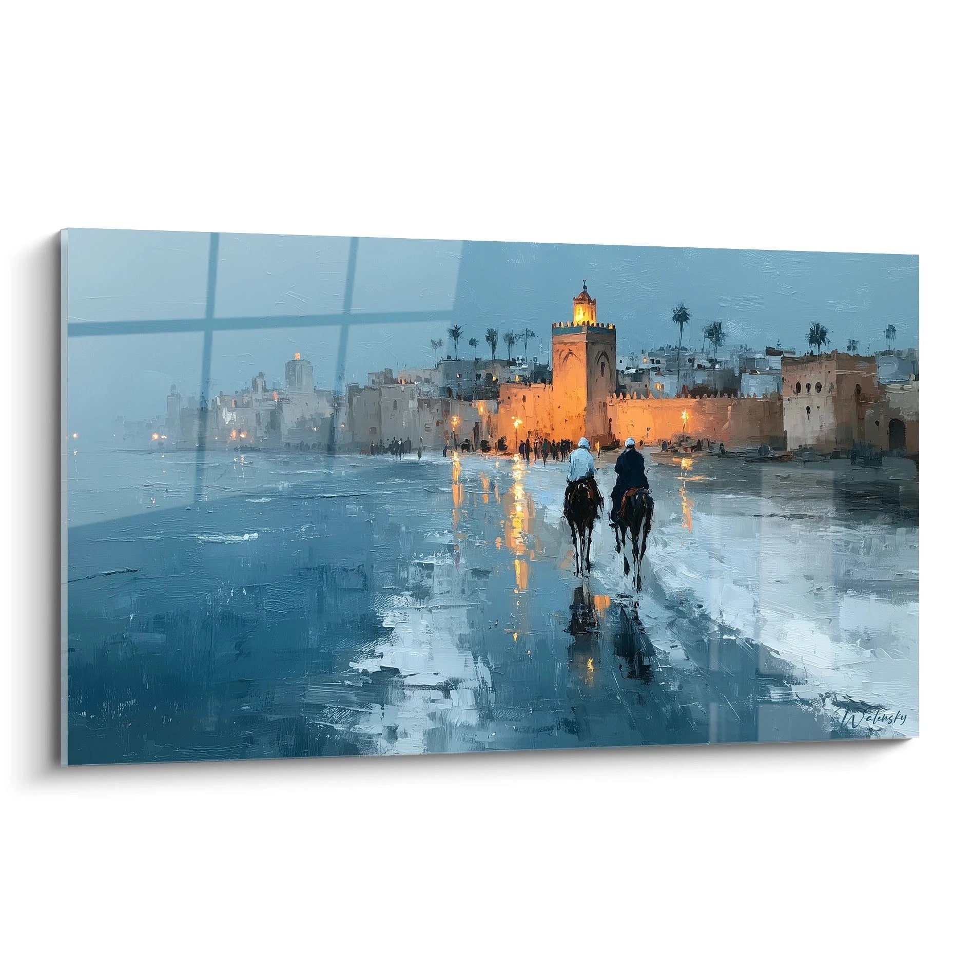 tableau Marrakech orientalisme Walensky peinture murale de la médina au crépuscule avec deux cavaliers et reflets sur sol mouillé
