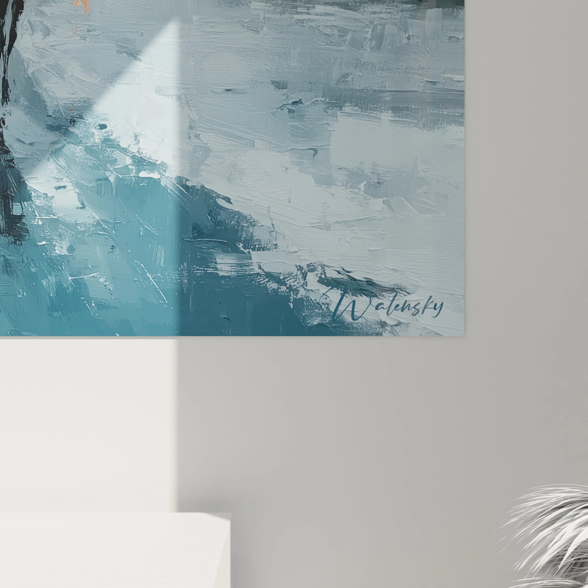 tableau Marrakech orientalisme Walensky peinture murale abstraite bleu turquoise signée dans un salon minimaliste