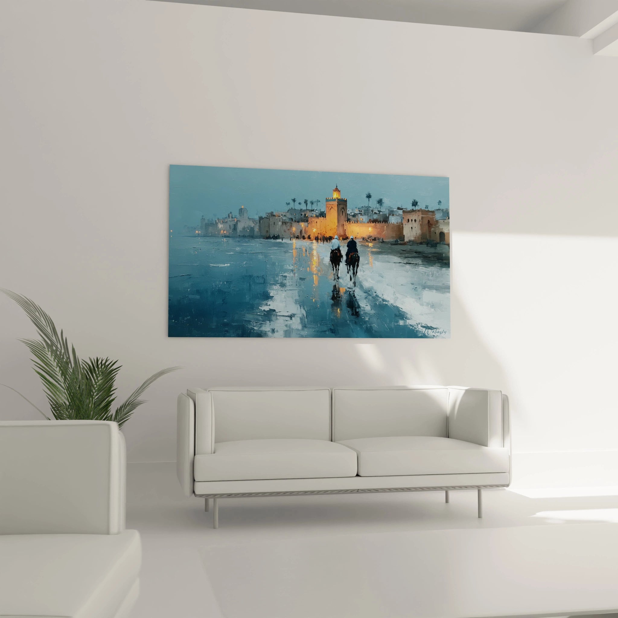 tableau Marrakech orientalisme Walensky peinture murale bleu côtier au phare et silhouettes