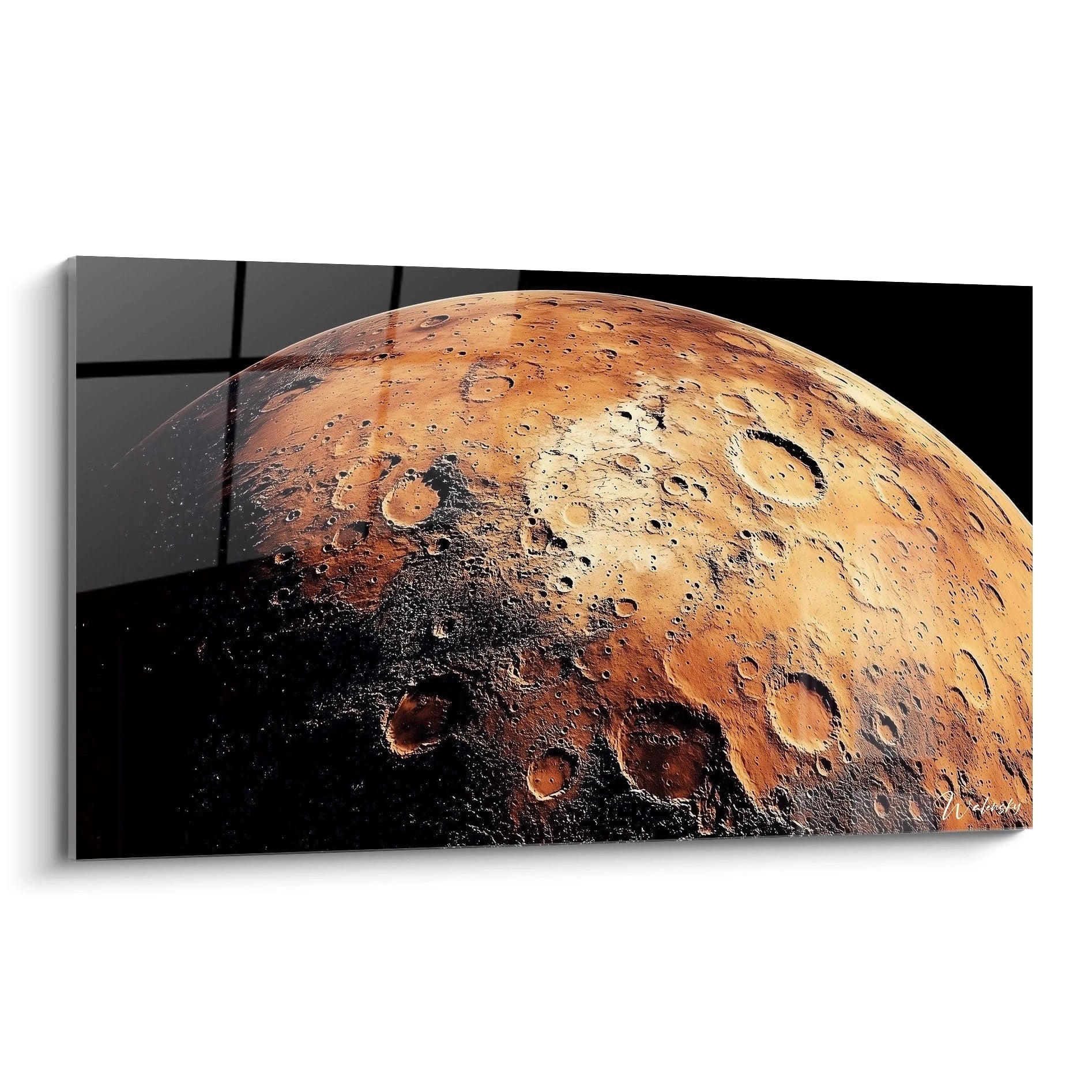 Un tableau espace représentant une surface planétaire orangée, marquée de cratères et de reliefs, avec des contrastes entre les zones sombres et lumineuses, créant une texture détaillée et réaliste.