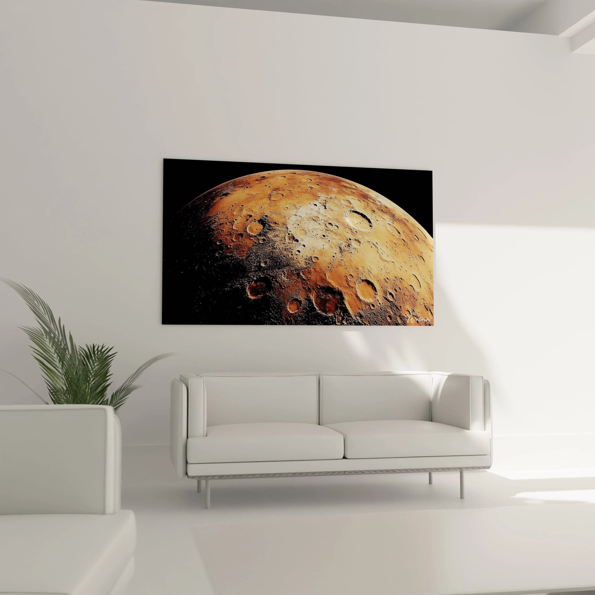 Un tableau espace mettant en avant une planète couverte de cratères, avec des teintes ocres et des ombres marquées, offrant une texture granuleuse et un jeu de lumière accentuant les reliefs.