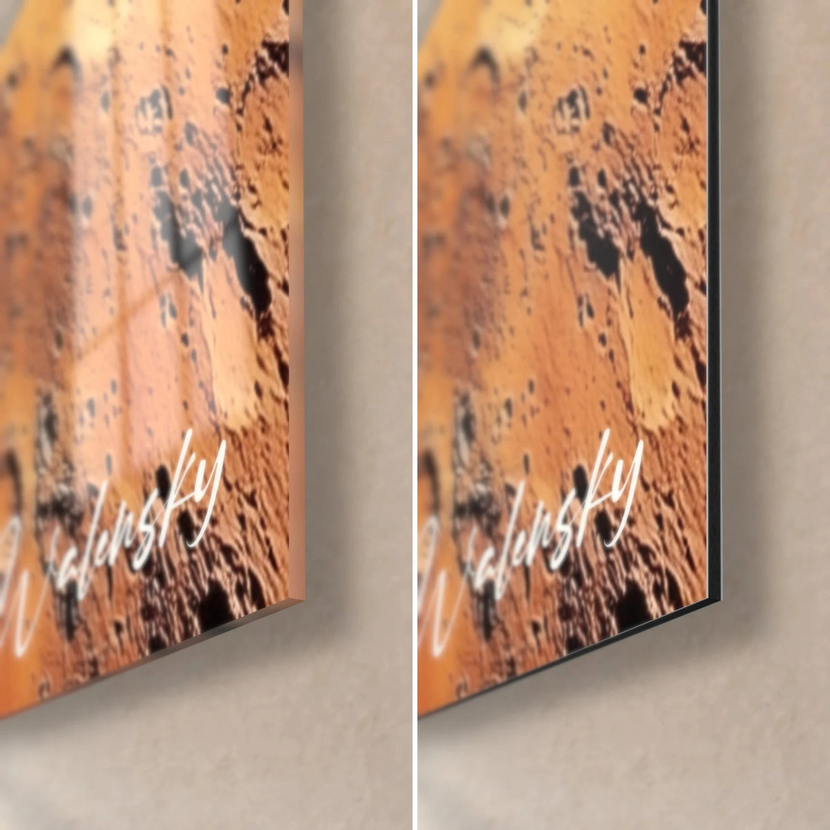 Quadro superficie marziana arancio e nera, angolo in basso a destra: vetro lucido a sinistra, Dibond opaco a destra, bordo da 3 mm