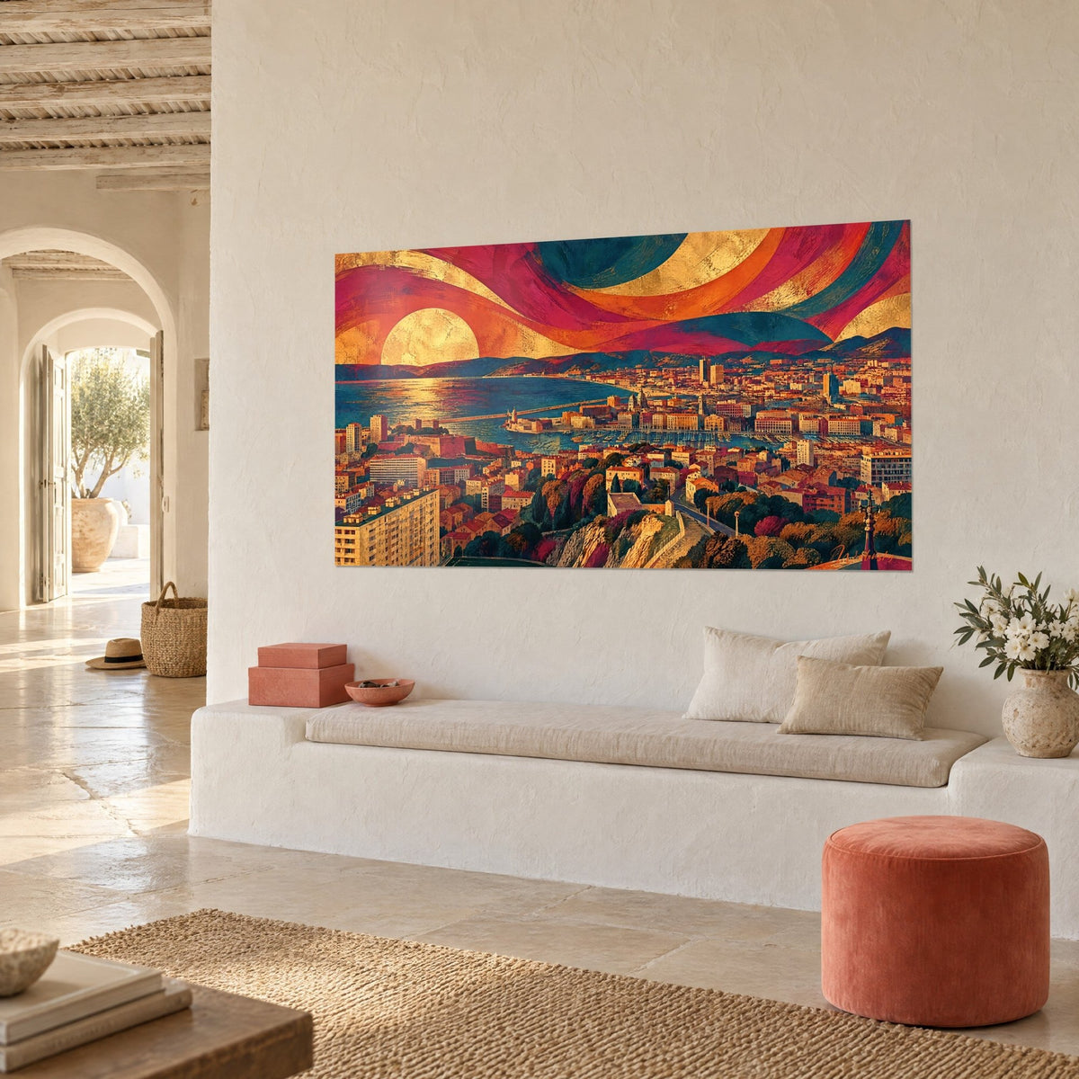 Vieux port de Marseille aux tons terracotta et doré au-dessus d'un canapé dans un salon lumineux