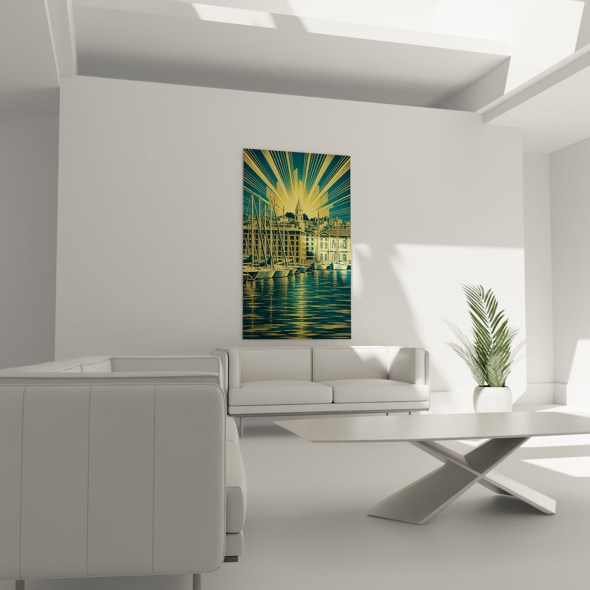 Façades ocre et reflets dorés sur l'eau du port habillent cette œuvre au-dessus d'un canapé dans un salon lumineux
