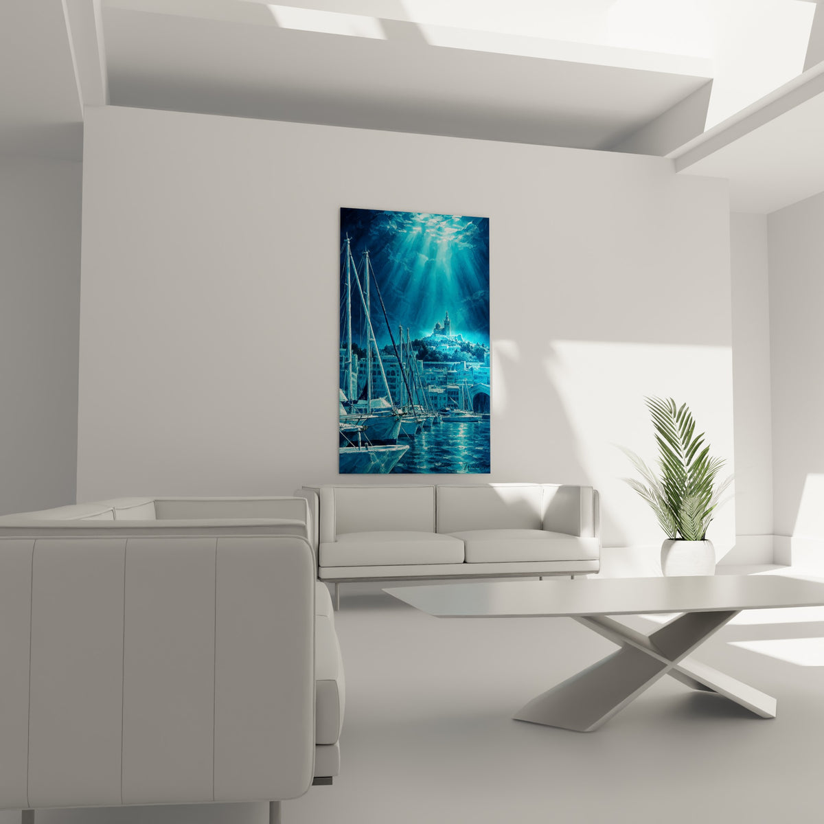 Mâts élancés et façades anthracite d'un port bleu nuit au-dessus d'un canapé dans un salon lumineux