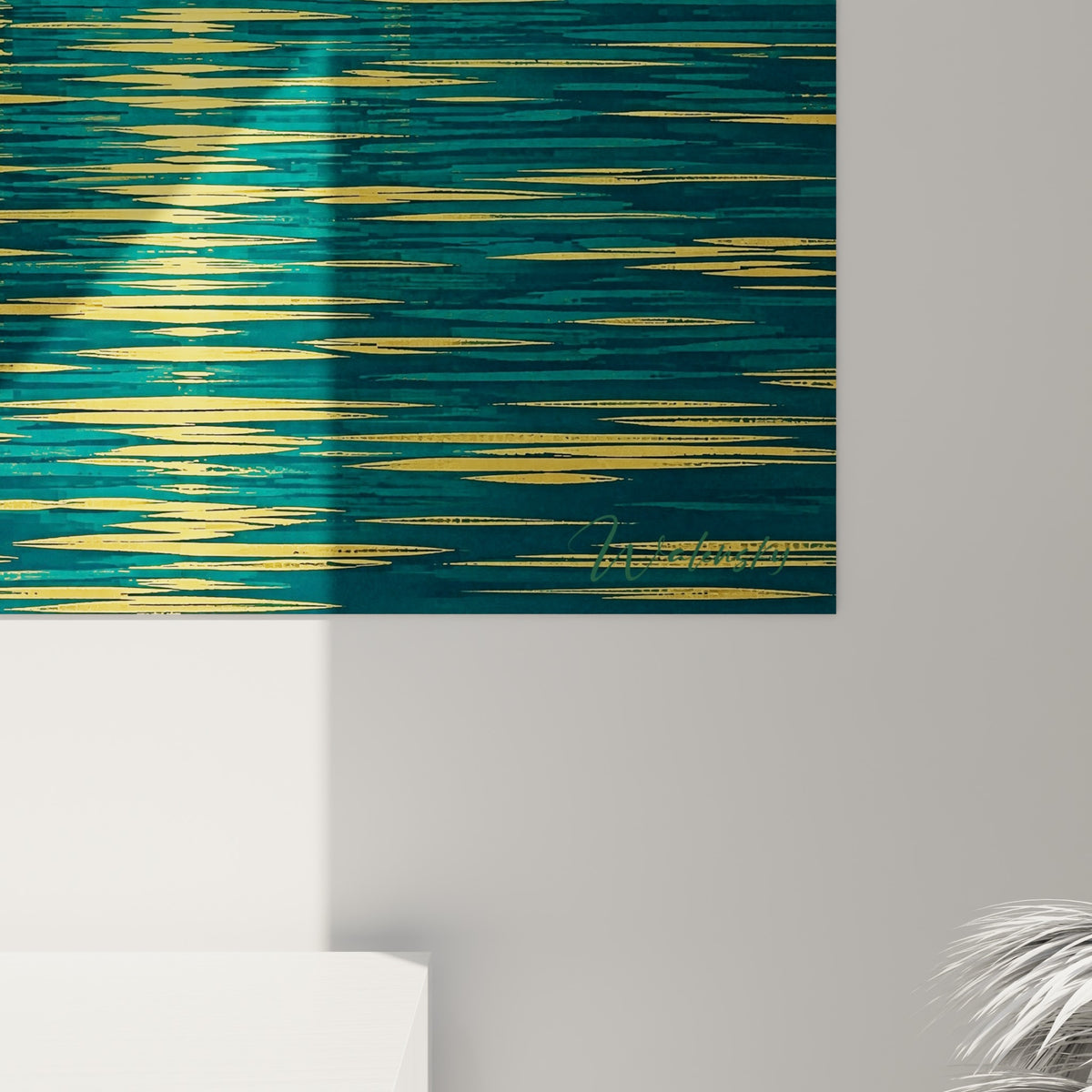 Détail des rayons dorés et des mâts graphiques du tableau, où bleu pétrole et or se fondent avec précision
