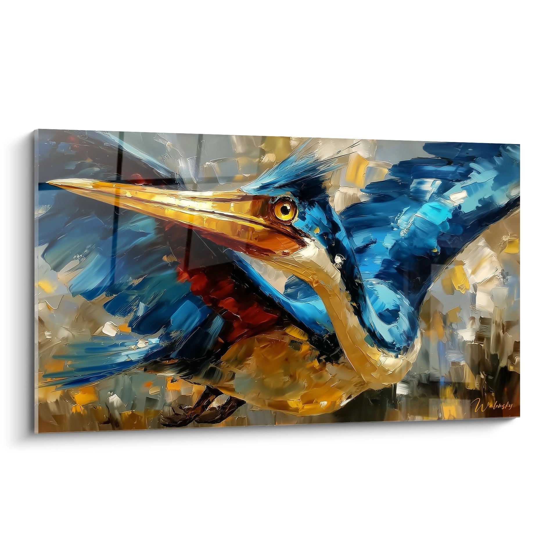 Tableau martin-pêcheur bleu et orange style expressionniste moderne art mural oiseau