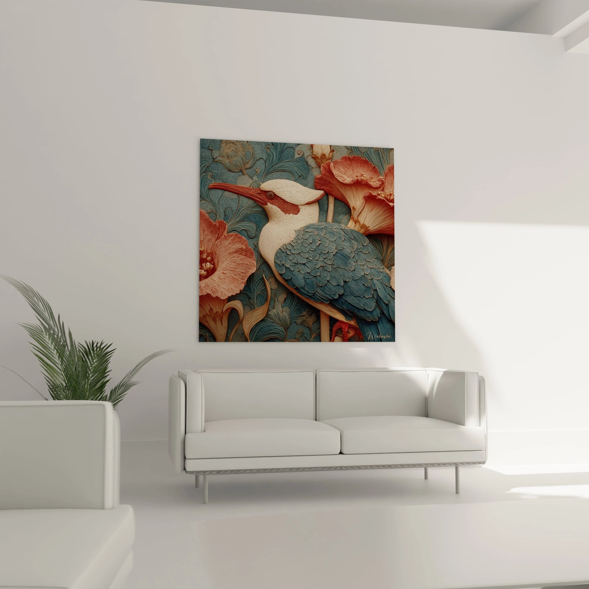 Tableau mural Walensky représentant un tableau martin-pêcheur art nouveau bleu et fleurs dans un salon moderne