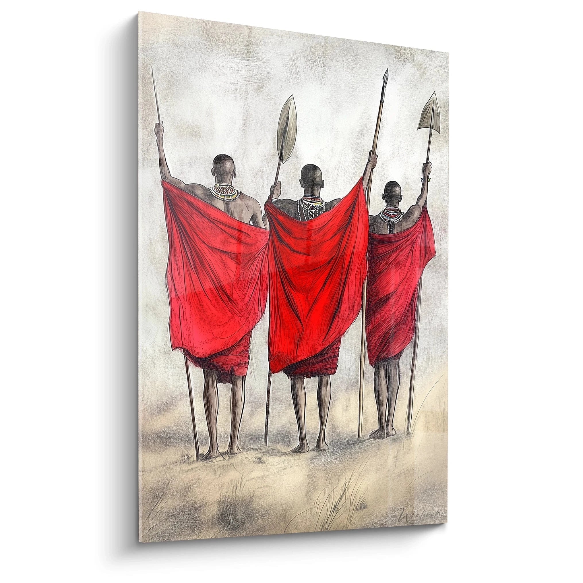Tableau africain mural Walensky représentant trois guerriers masai vus de dos avec des capes rouges et des lances