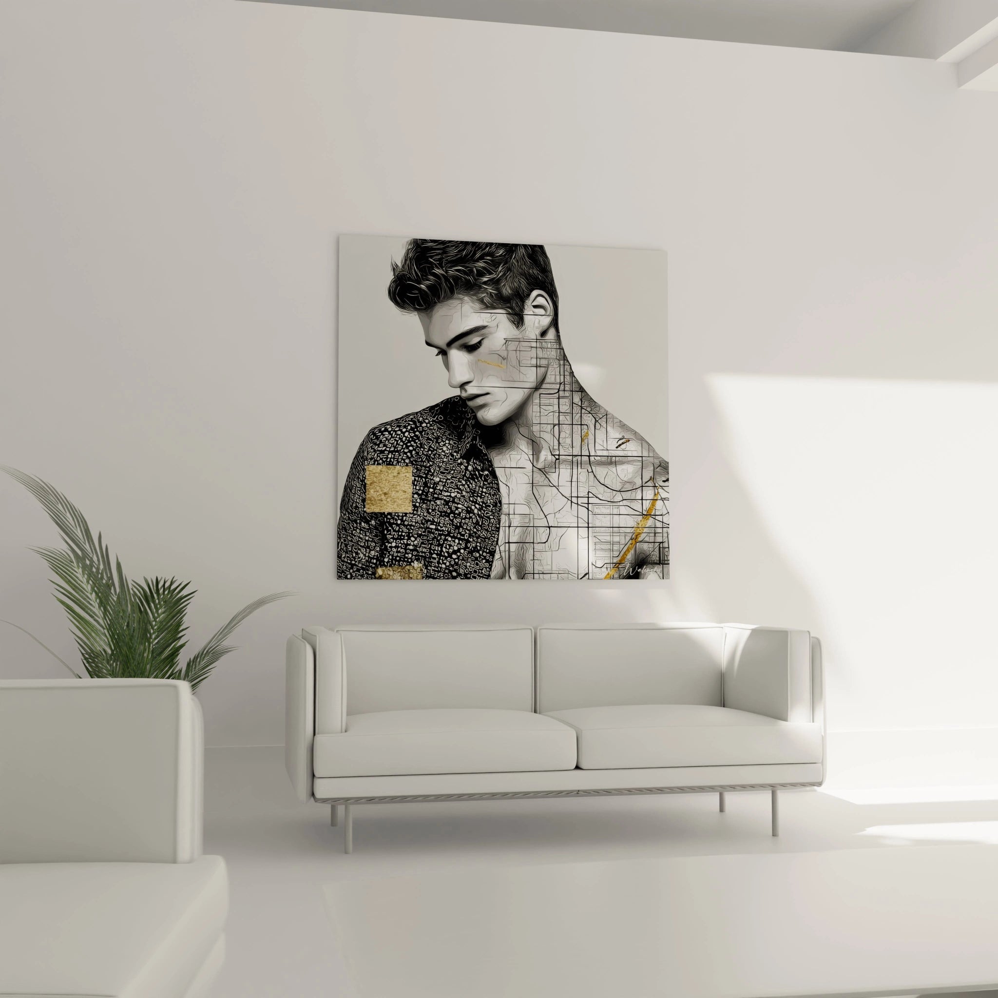 Tableau masculin déco murale en noir et blanc avec motif abstrait, parfait pour un intérieur moderne