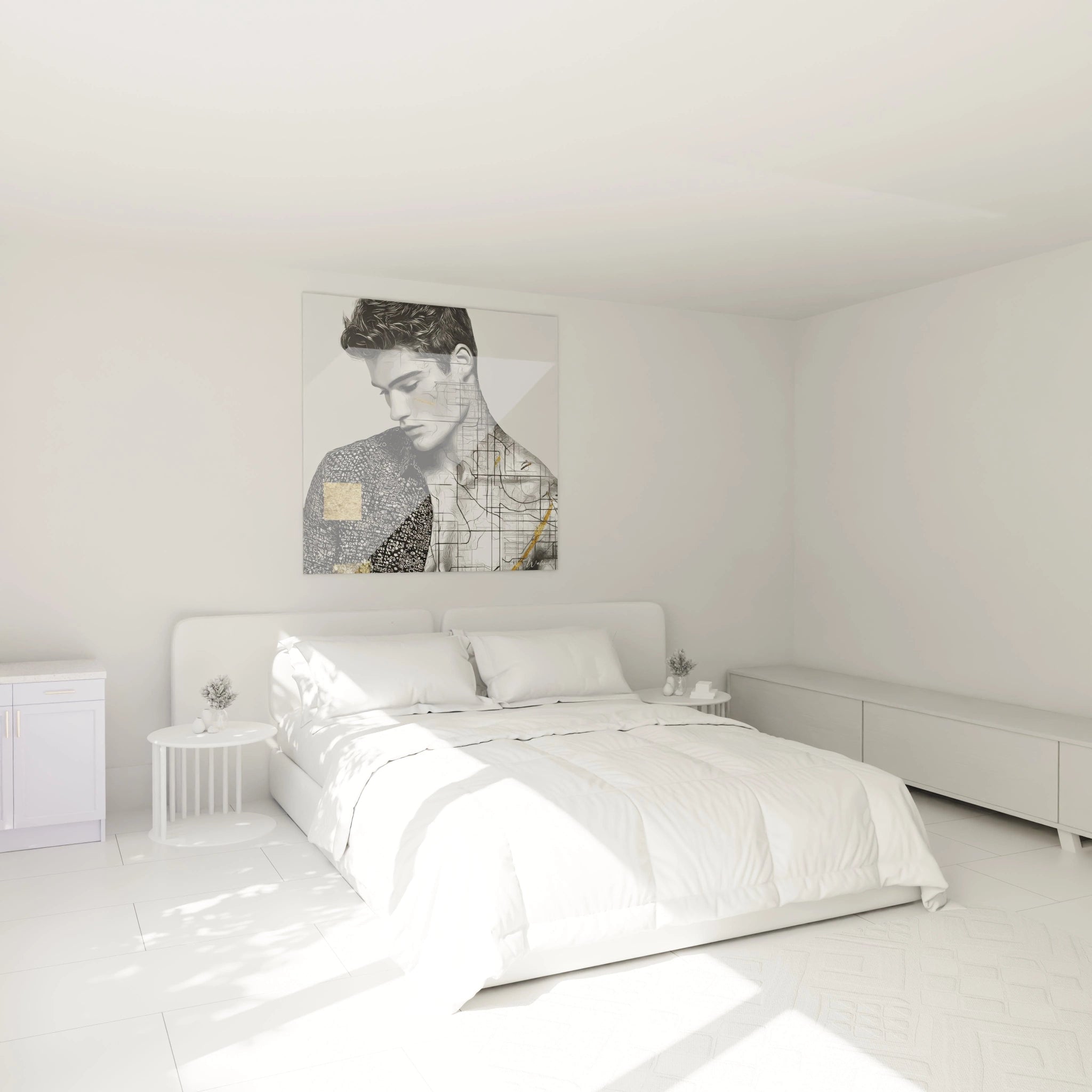Tableau masculin déco murale de Walensky dans une chambre moderne avec lit blanc