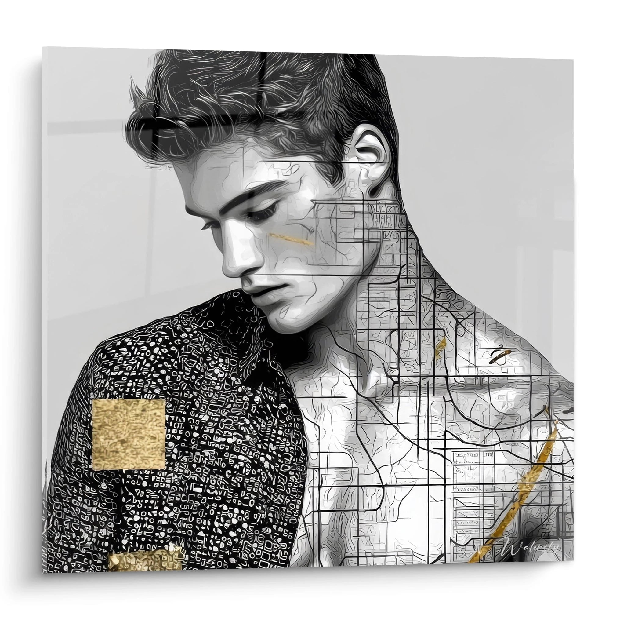 Tableau masculin déco murale avec une illustration stylisée d'un homme en noir et blanc avec des éléments dorés