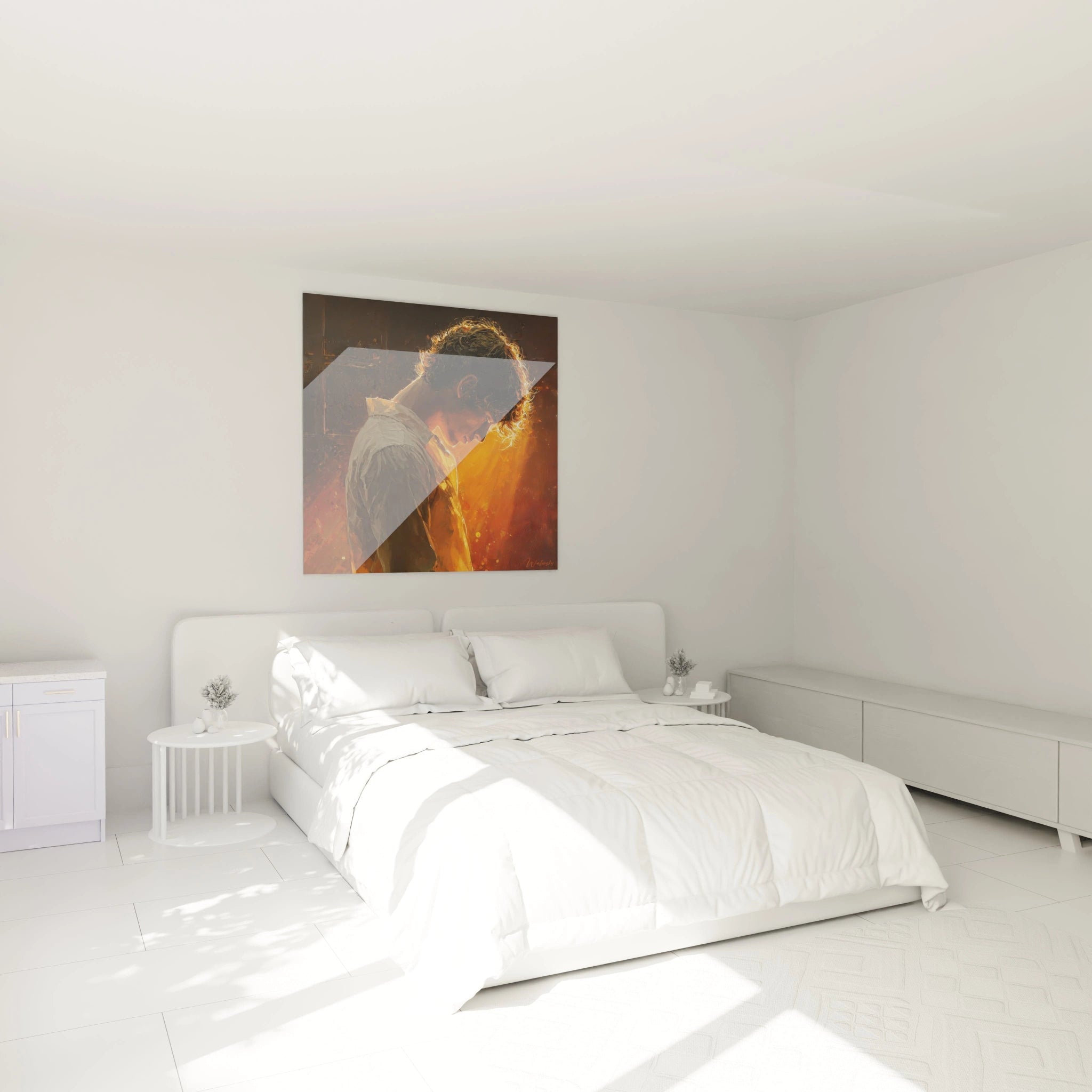Tableau mural masculin contre-jour sur un mur d'une chambre moderne et lumineuse