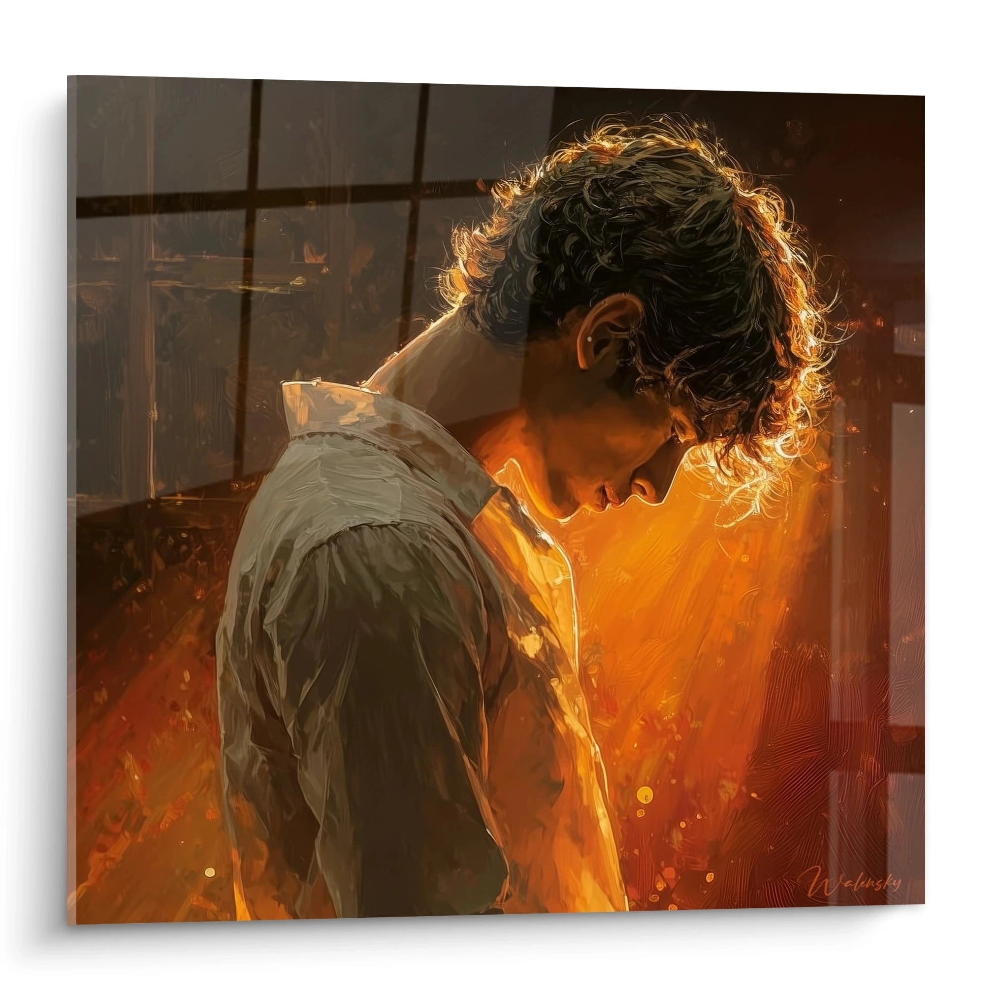 Tableau mural masculin contre-jour représentant un homme pensif sous une lumière dorée