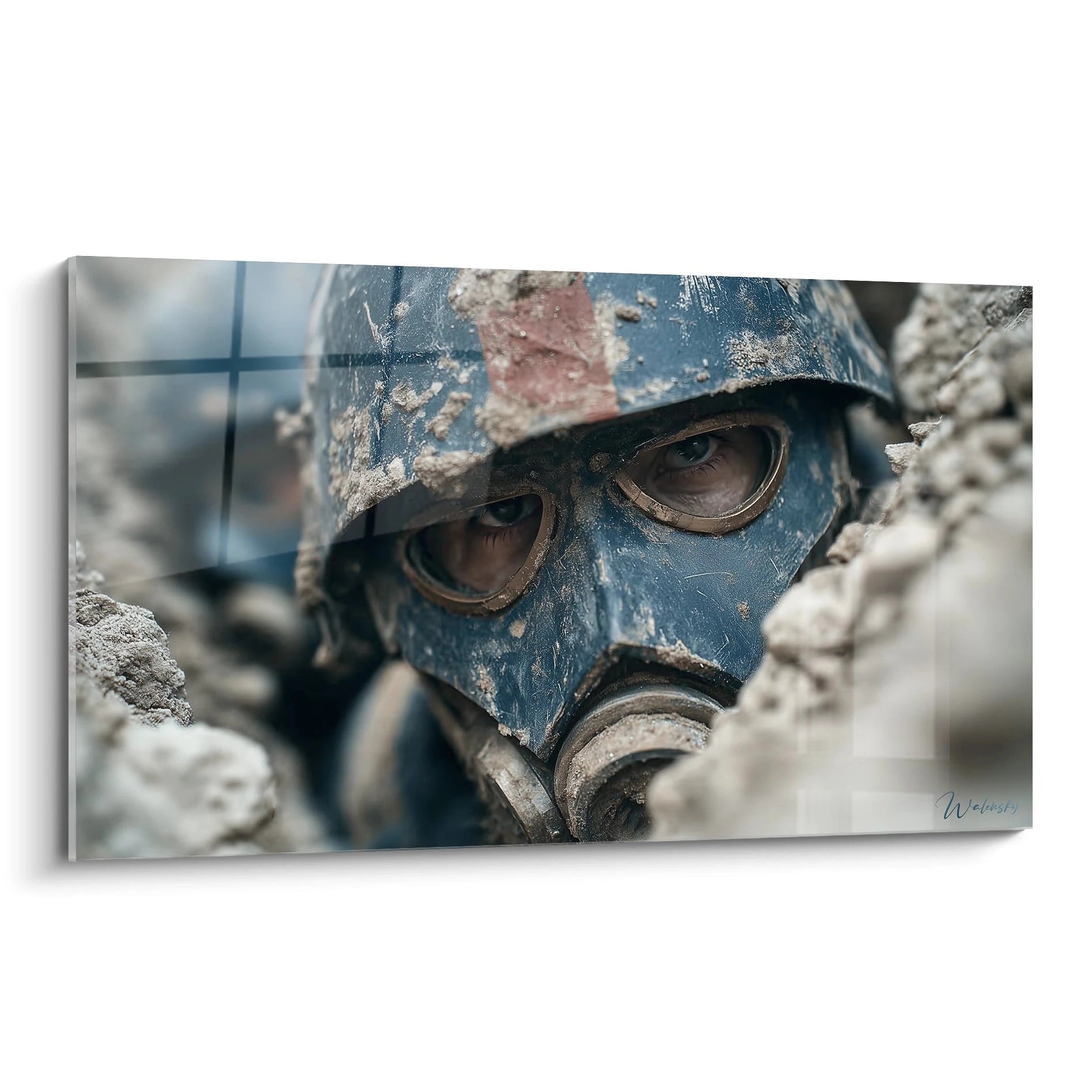 Walensky tableau masque à gaz Première Guerre mondiale, gros plan d'un soldat boueux en tranchée, regard intense