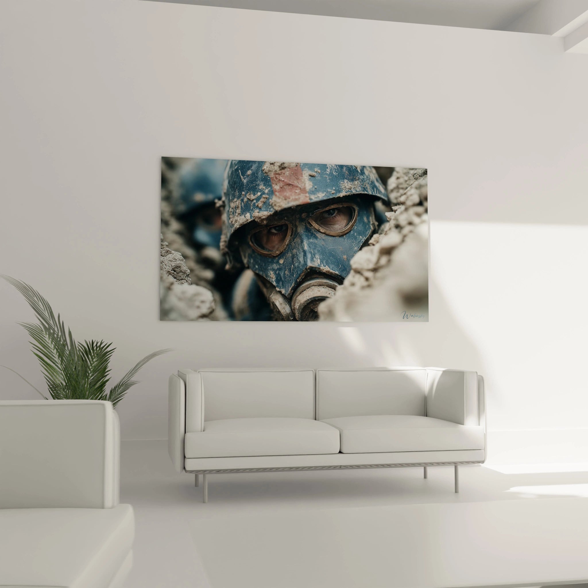 Tableau mural Walensky gros plan soldat casque et tableau masque à gaz Première Guerre mondiale pour salon moderne