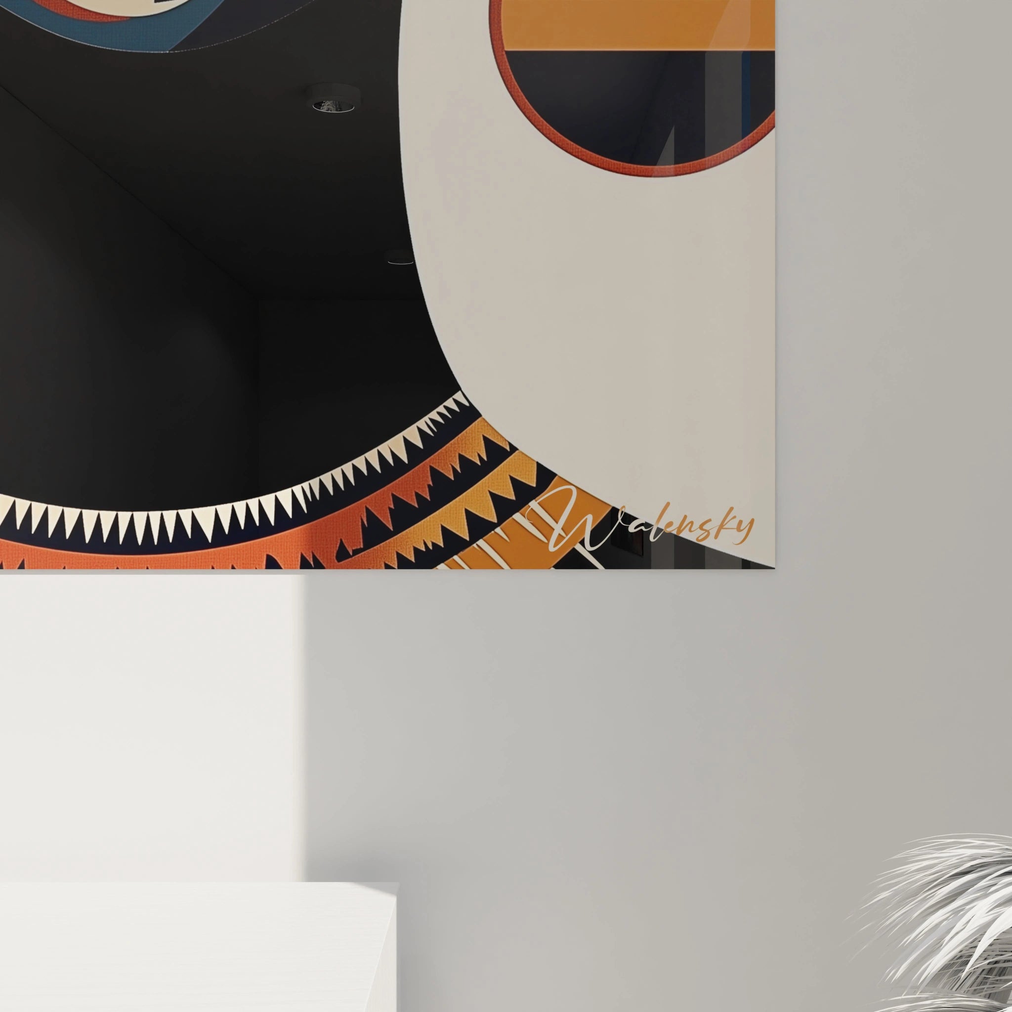 Détail de tableau africain mural signé Walensky avec motifs géométriques colorés sur fond noir et beige