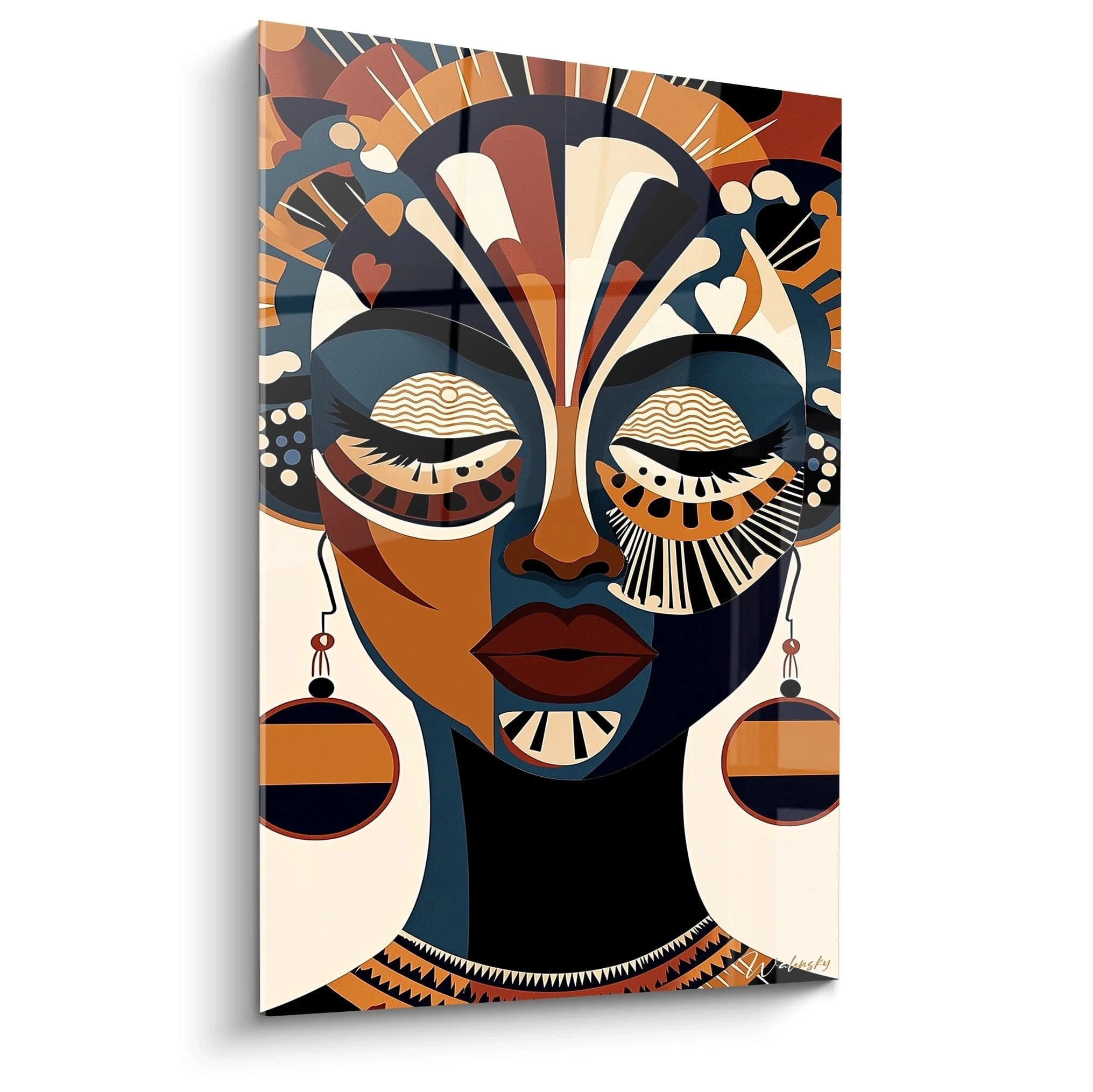 Tableau africain mural Walensky représentant un portrait stylisé aux couleurs chaudes et motifs ethniques