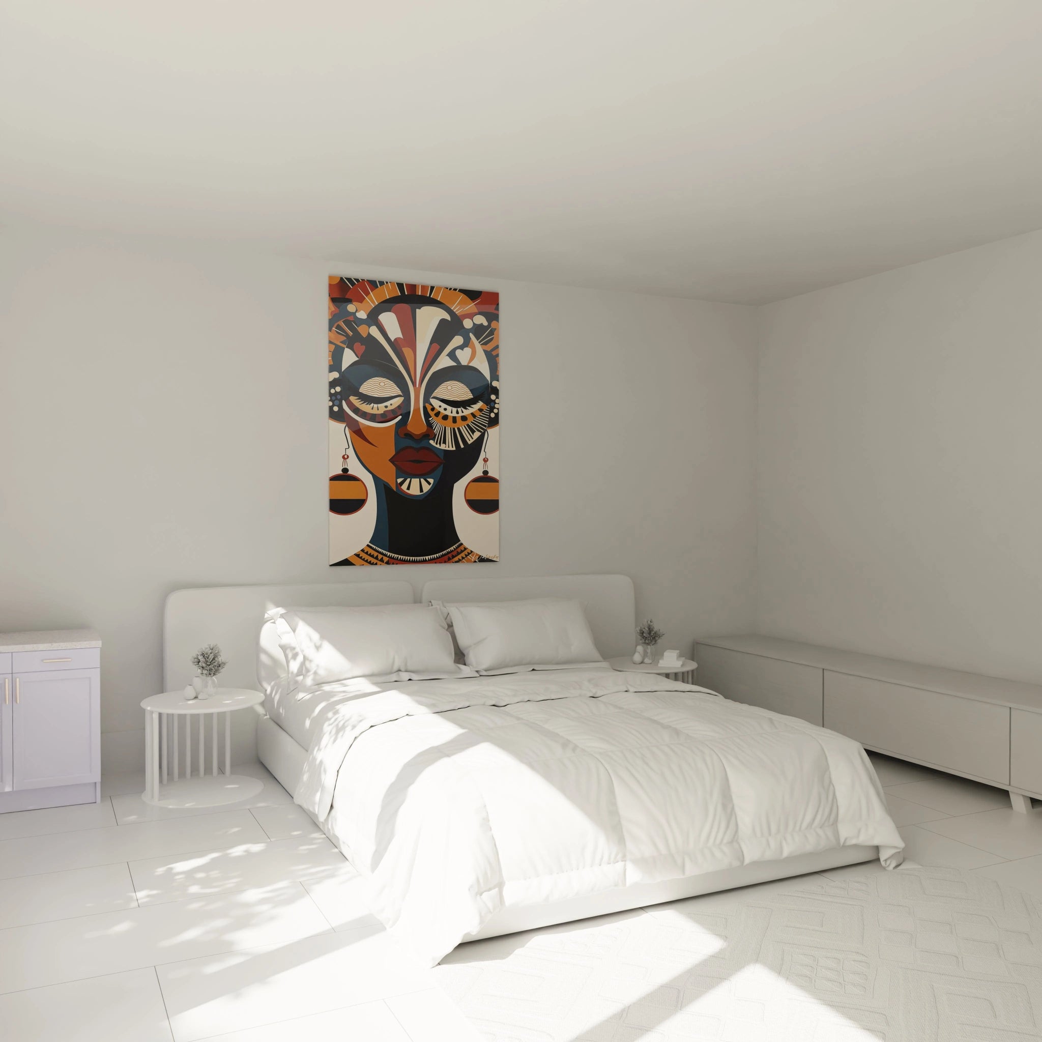 Tableau africain mural Walensky représentant un visage coloré dans une chambre moderne et épurée