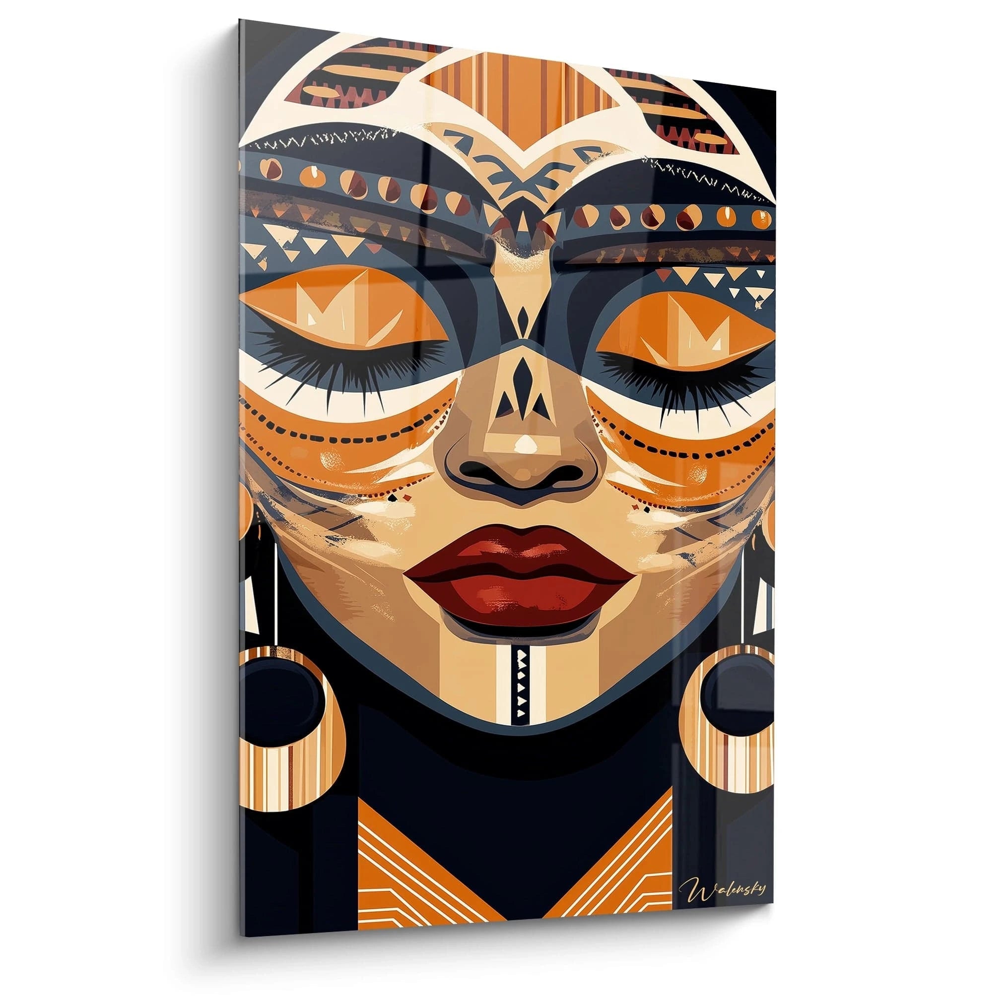 Tableau africain mural Walensky visage féminin stylisé décoré de motifs ethniques en tons orange et noir