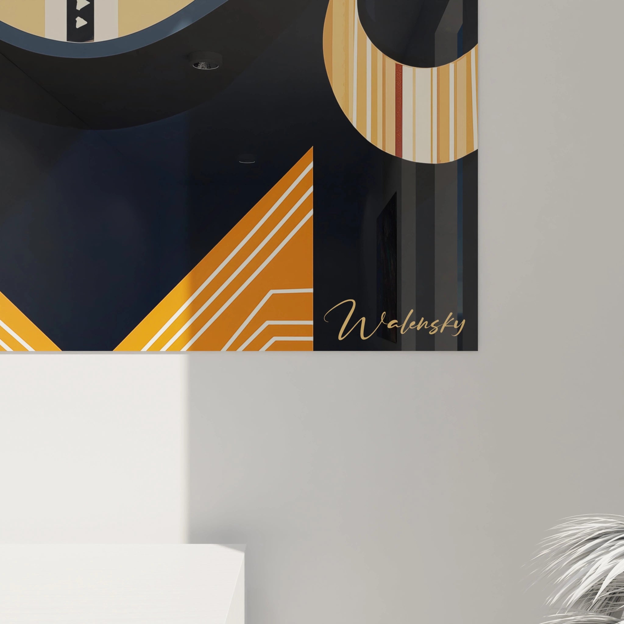 Tableau africain mural signé Walensky avec motifs géométriques jaunes et noirs modernes