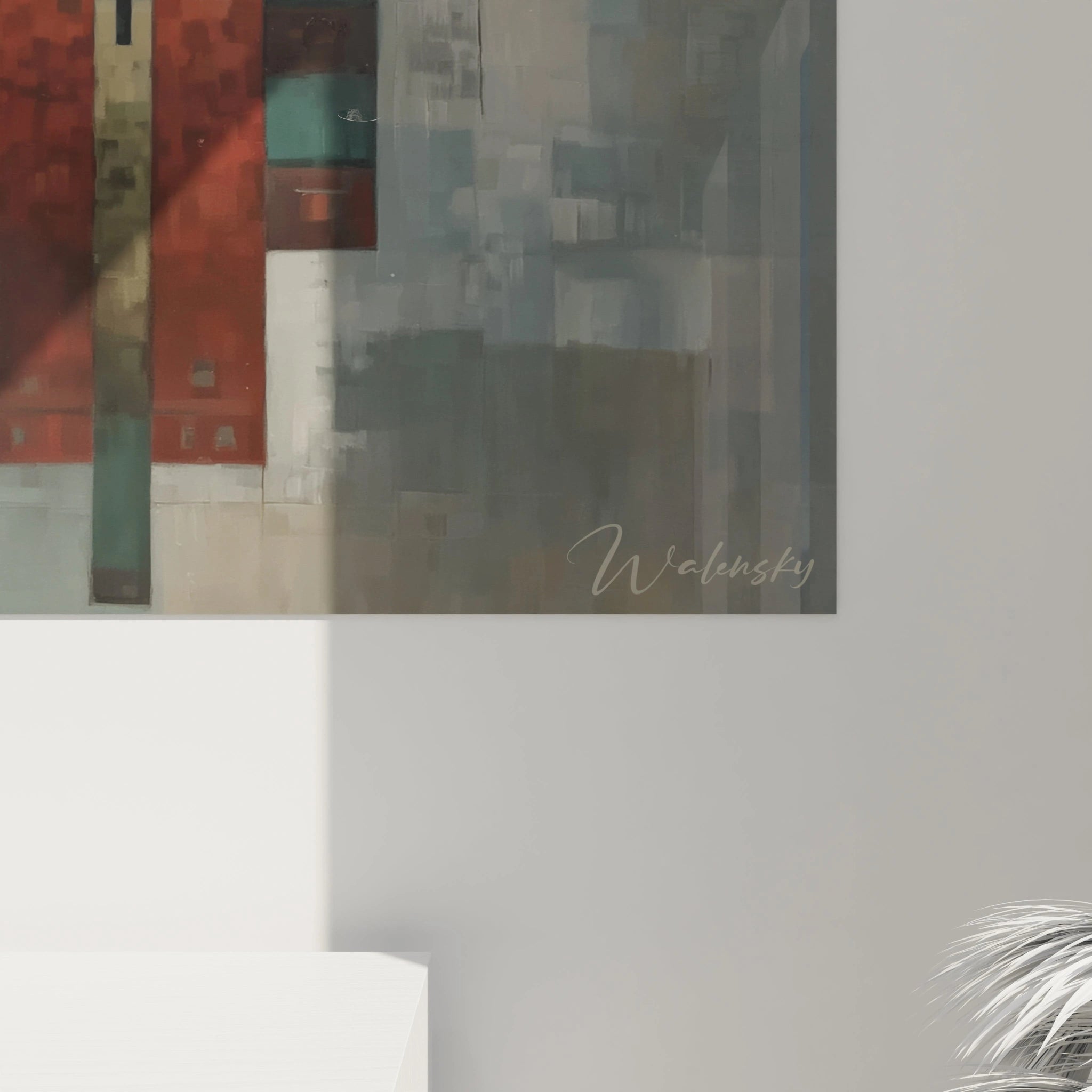 Tableau mural abstrait Walensky aux blocs de couleurs rouges verts et gris, decor moderne tableau masque tribal