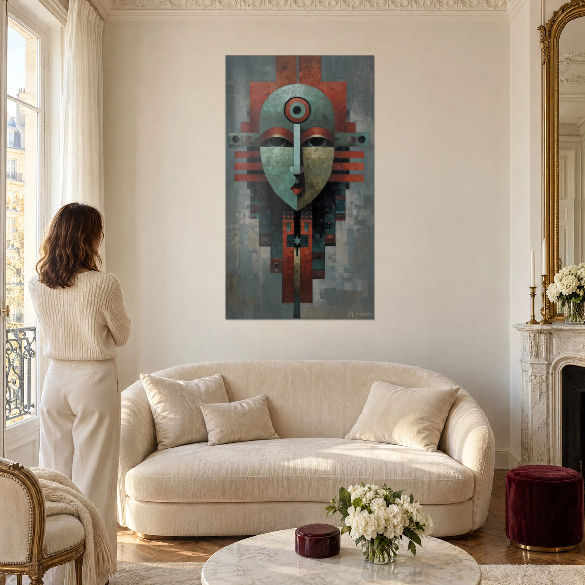 Tableau masque ancestral vert-de-gris et rouge brique, œil central cerclé, femme de dos, au-dessus d'un canapé dans un salon lumineux
