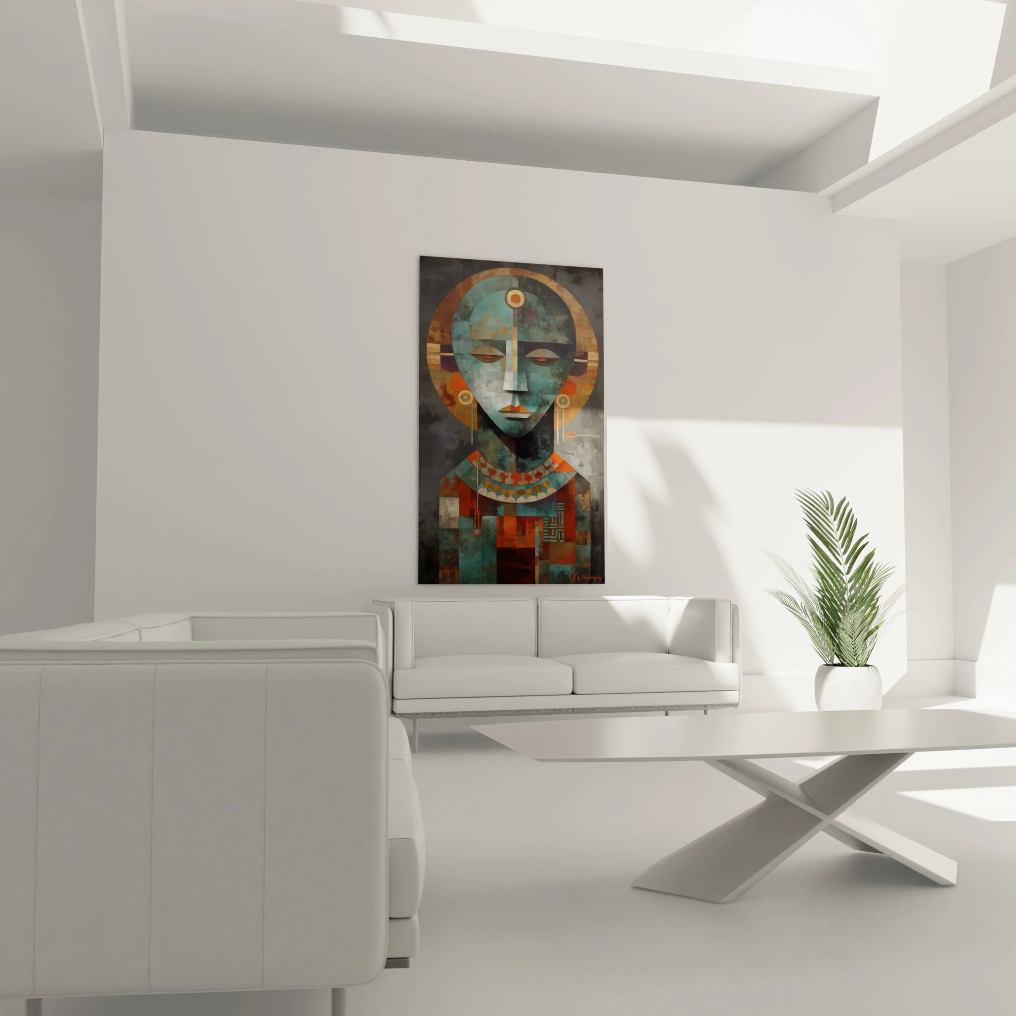 Tableau mural Walensky tableau art tribal contemporain visage géométrique turquoise et orange dans salon minimaliste