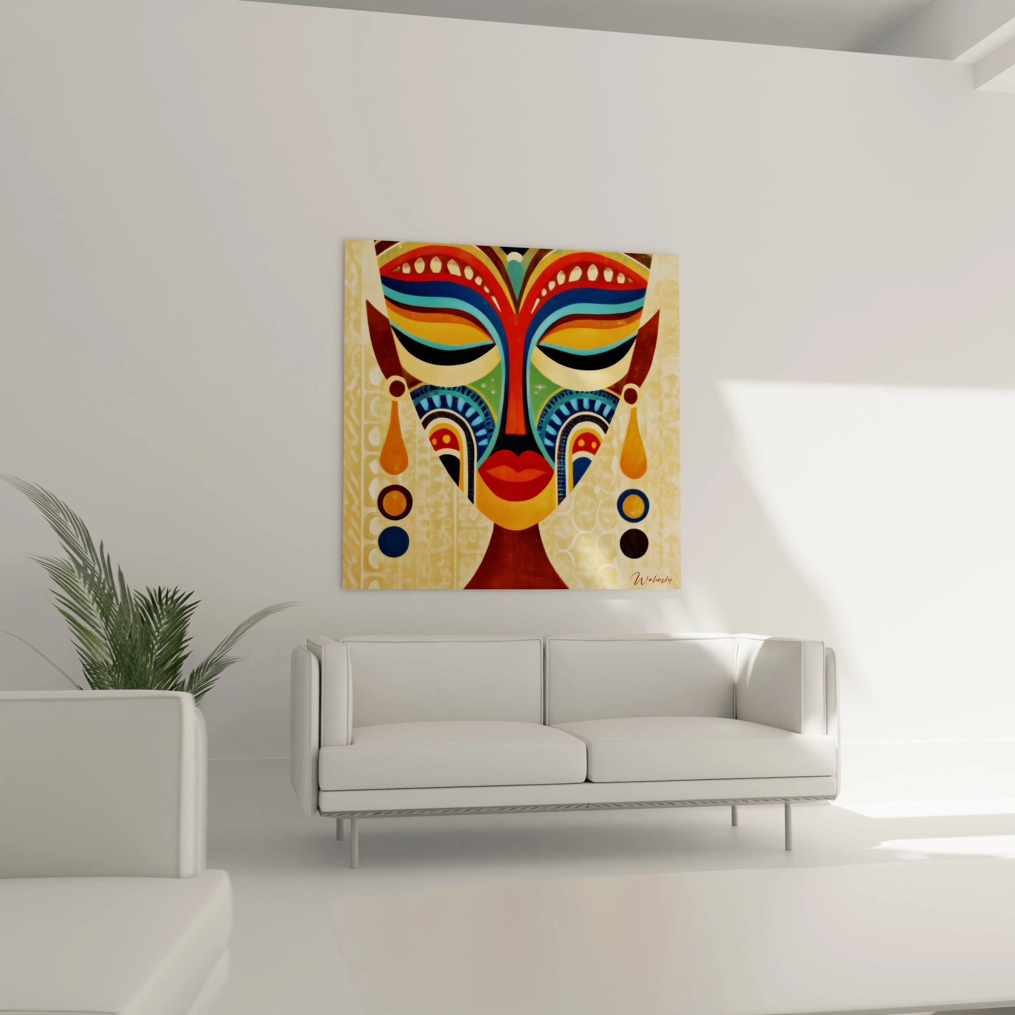 Tableau mural masque africain coloré de Walensky, parfait pour décorer votre intérieur moderne.