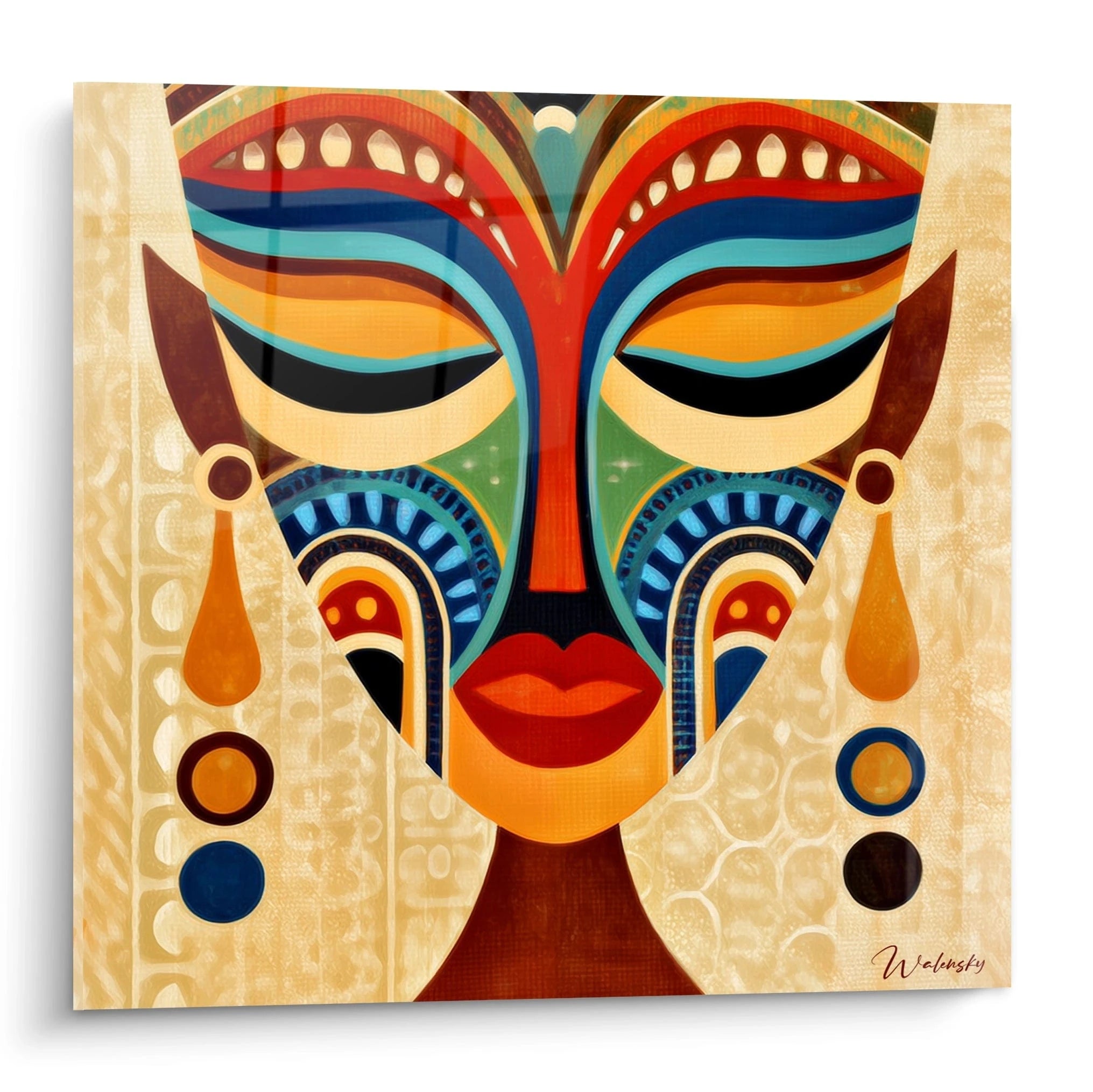 Tableau masque africain coloré par Walensky, mettant en avant des motifs vibrants et des formes stylisées