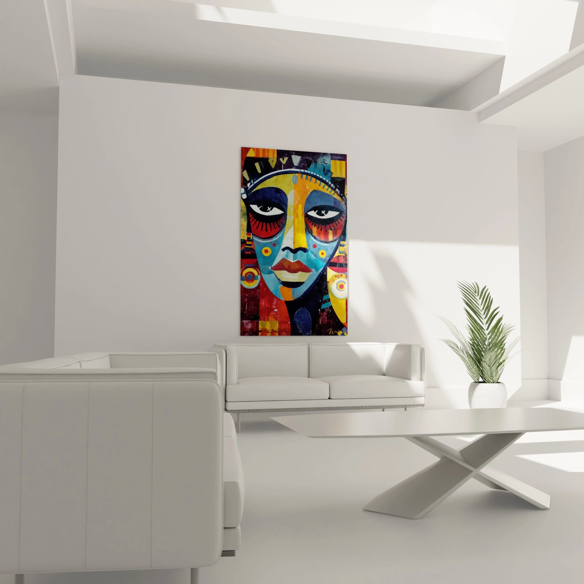 Tableau mural coloré représentant un masque africain coloré dans un salon moderne